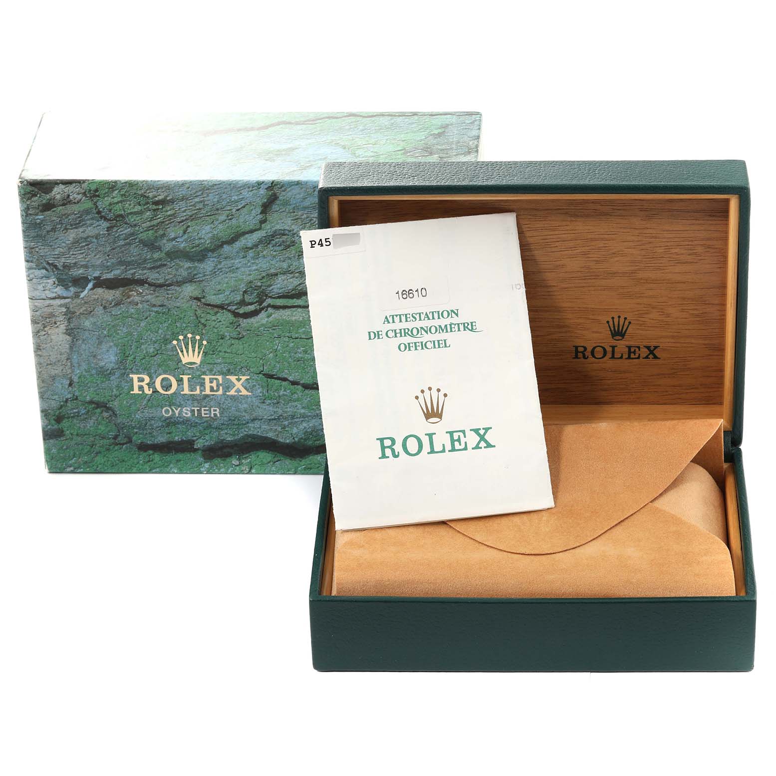 The image shows the packaging and documentation for a Rolex Submariner 16610 Men's Stainless Steel Black Dial 16610 Men's Stainless Steel Black Dial, including a box and official certification paper.