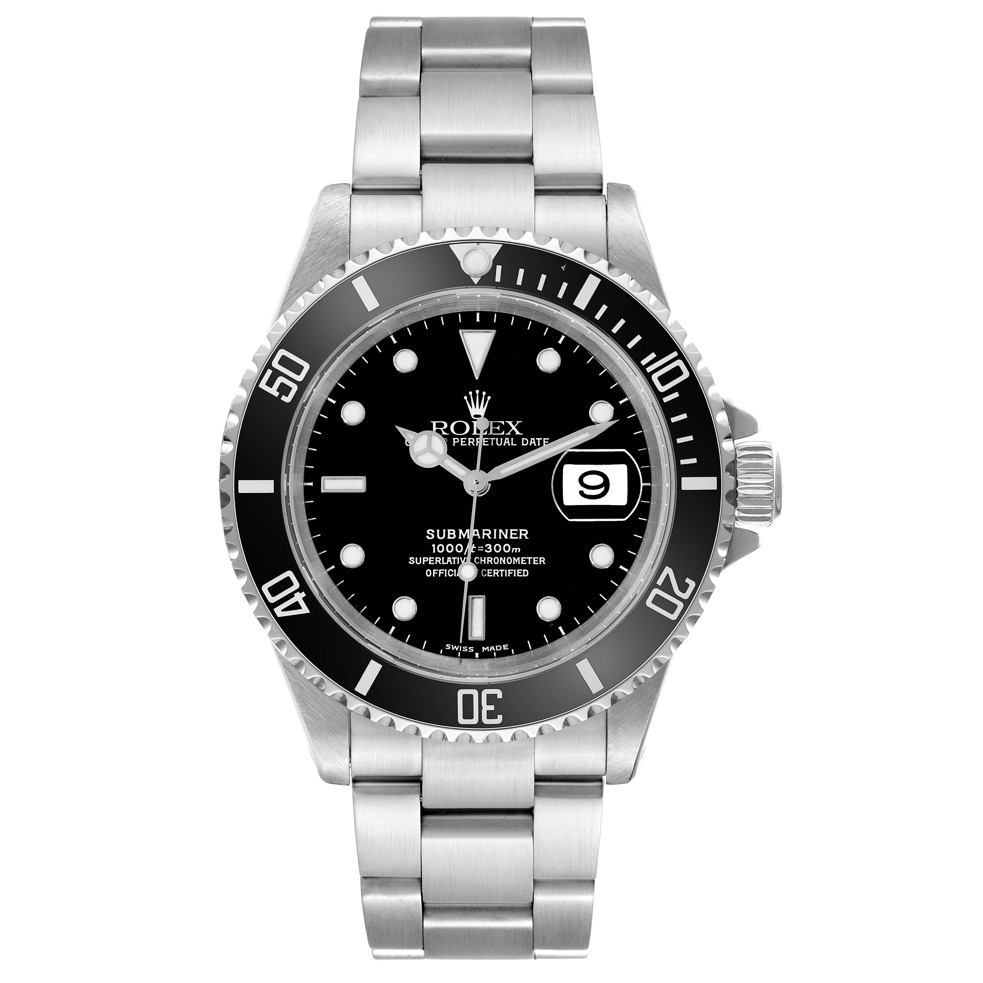 This image shows a front view of the Rolex Submariner 16610 Men's Stainless Steel Black Dial 16610 Men's Stainless Steel Black Dial watch, highlighting its bezel, dial, hands, and bracelet.