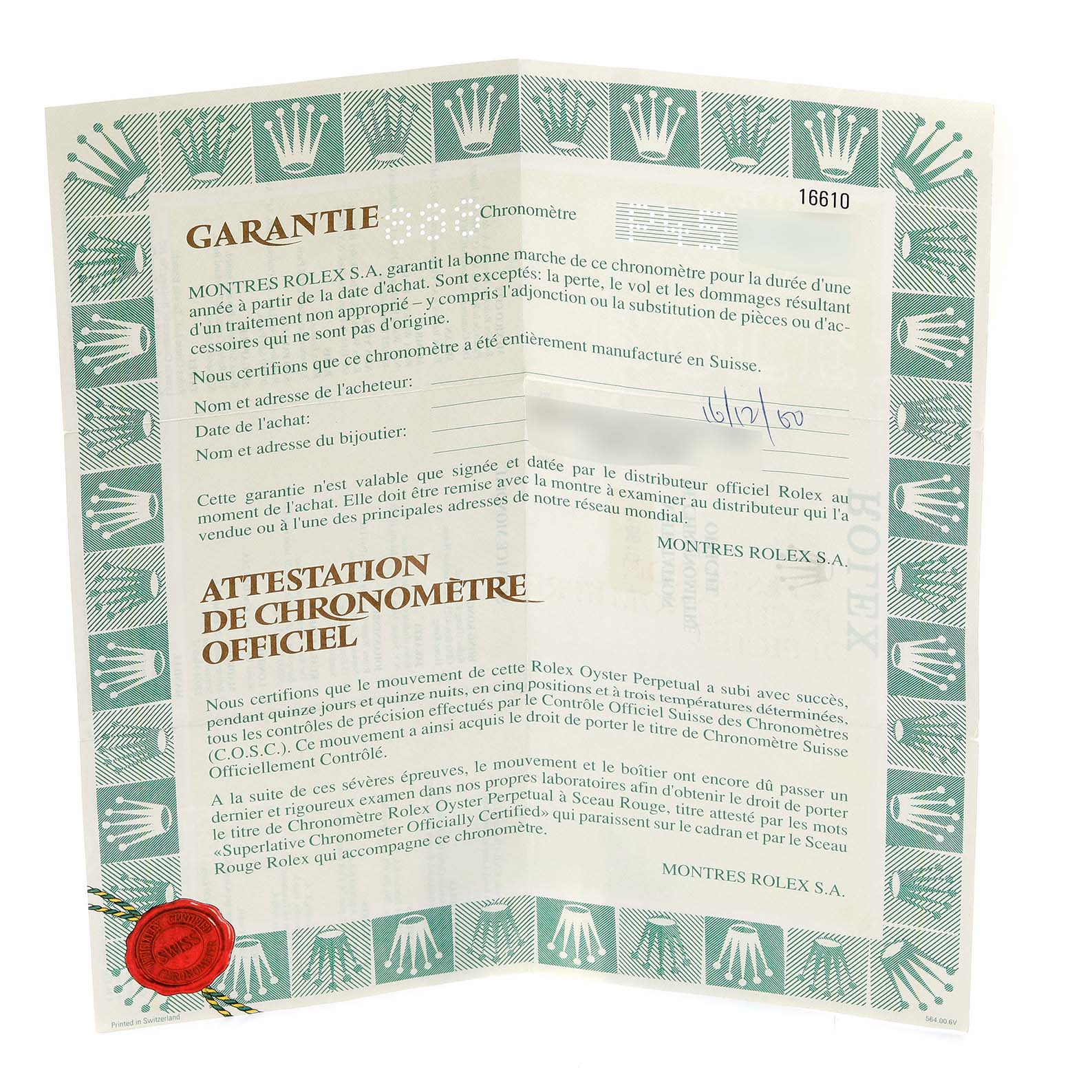 The image shows the warranty and official chronometer certification document for the Rolex Submariner 16610 Men's Stainless Steel Black Dial 16610 Men's Stainless Steel Black Dial model.