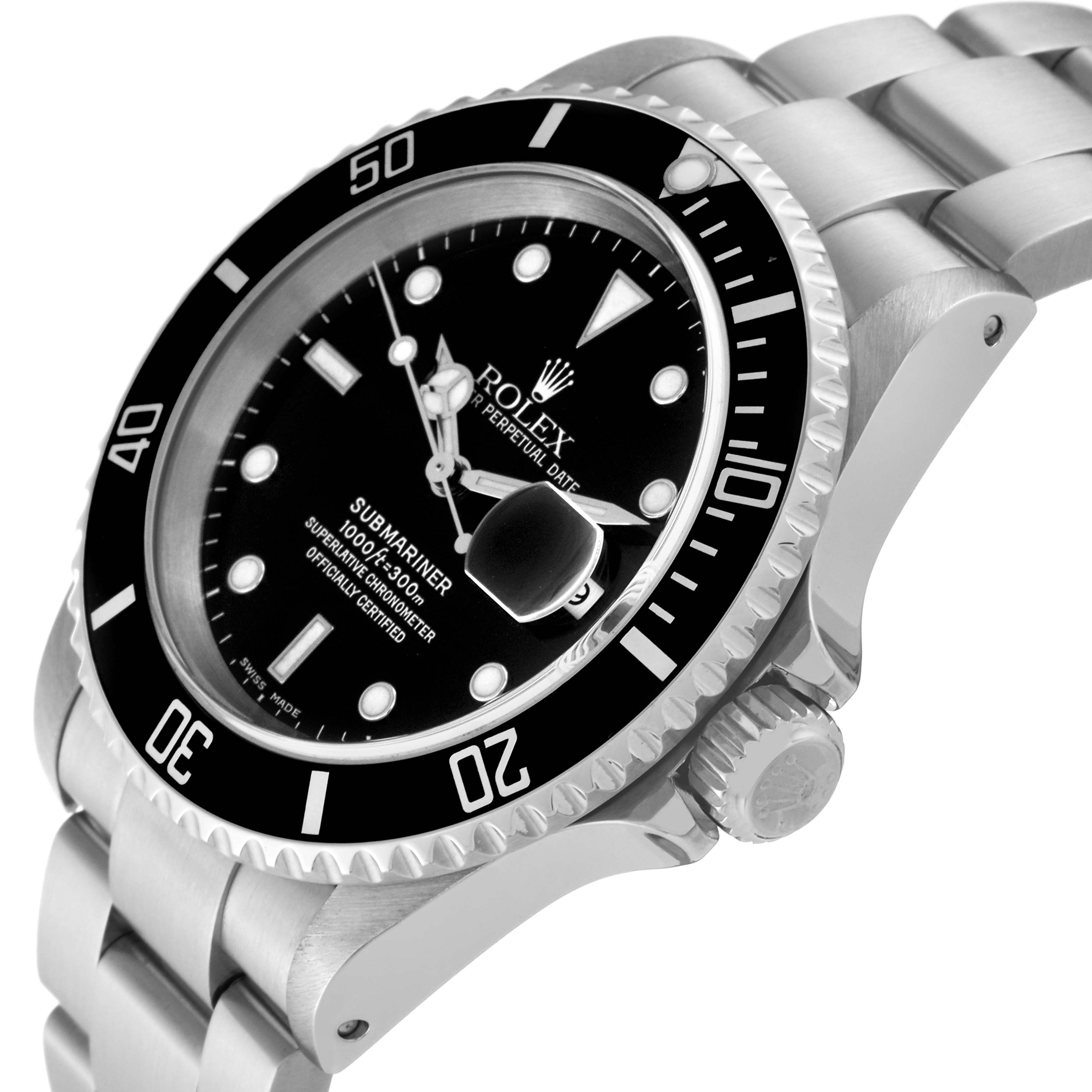 The image shows a side-angle view of the Rolex Submariner 16610 Men's Stainless Steel Black Dial 16610 Men's Stainless Steel Black Dial watch, highlighting its bezel, dial, and bracelet.