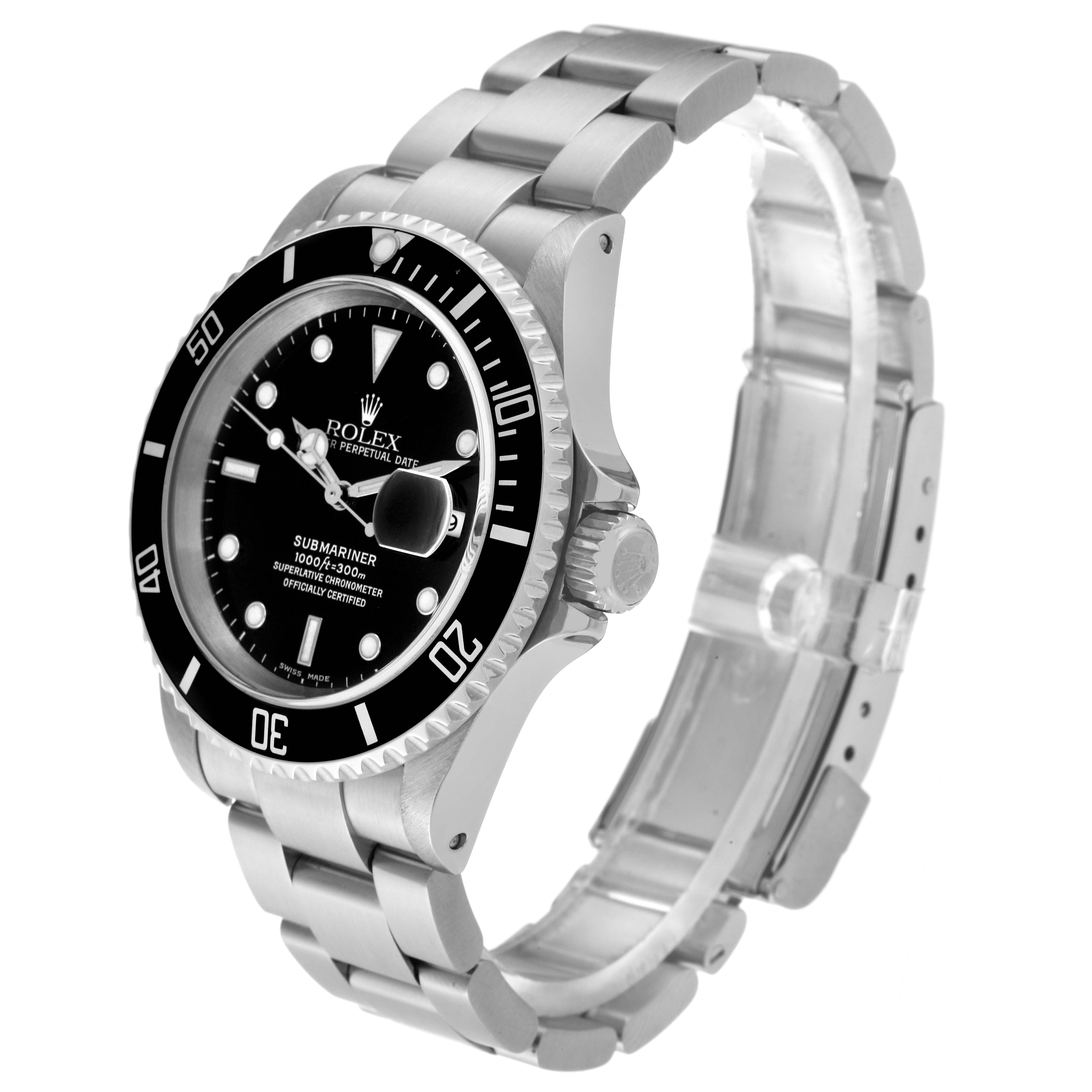The image shows a Rolex Submariner 16610 Men's Stainless Steel Black Dial 16610 Men's Stainless Steel Black Dial watch at a three-quarter angle, highlighting its face, bezel, crown, and bracelet.