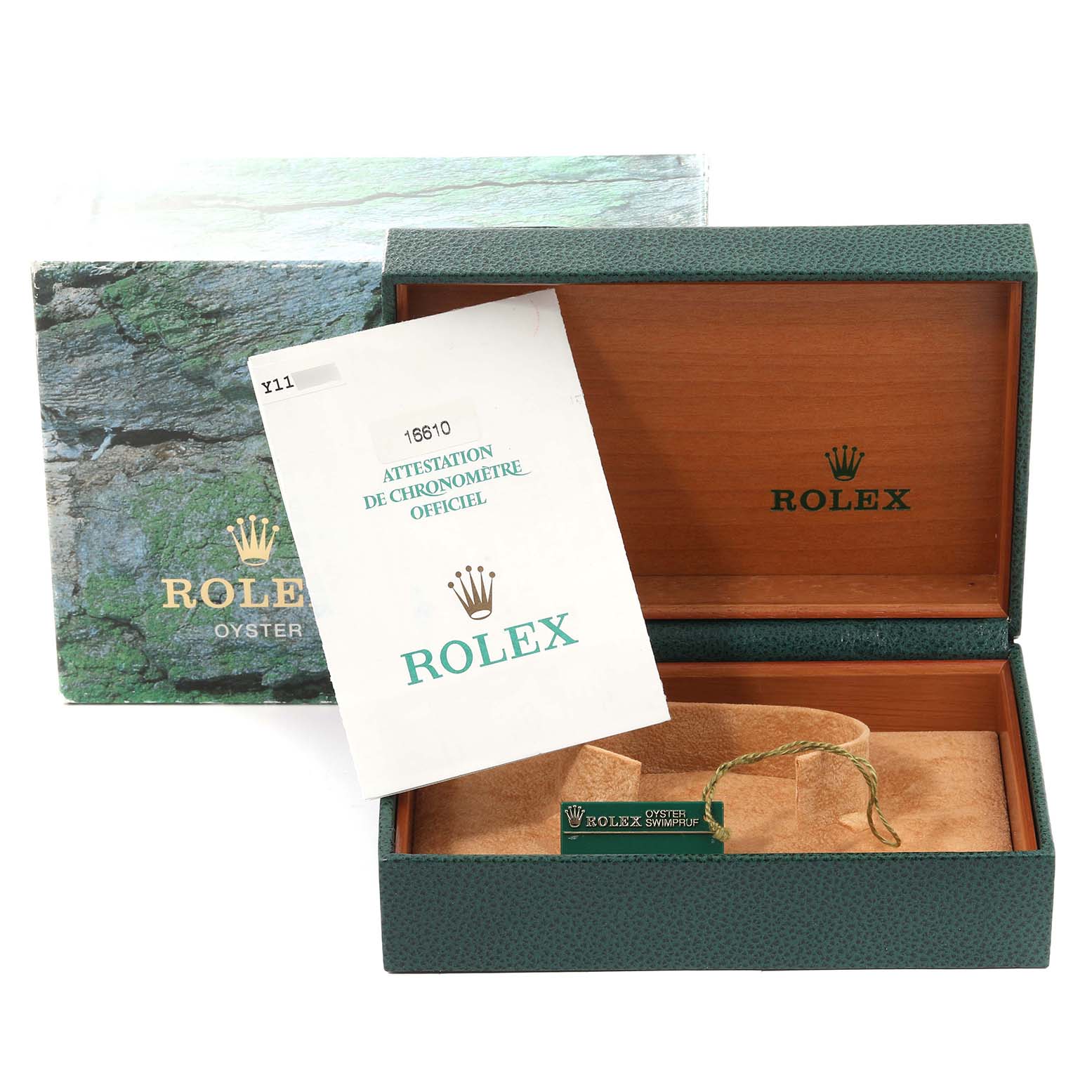 This image shows the packaging, open box, and Best Quality
ation papers for the Rolex Submariner 16610 Men
s Stainless Steel Black Dial 16610 Men
s Stainless Steel Black Dial watch model.