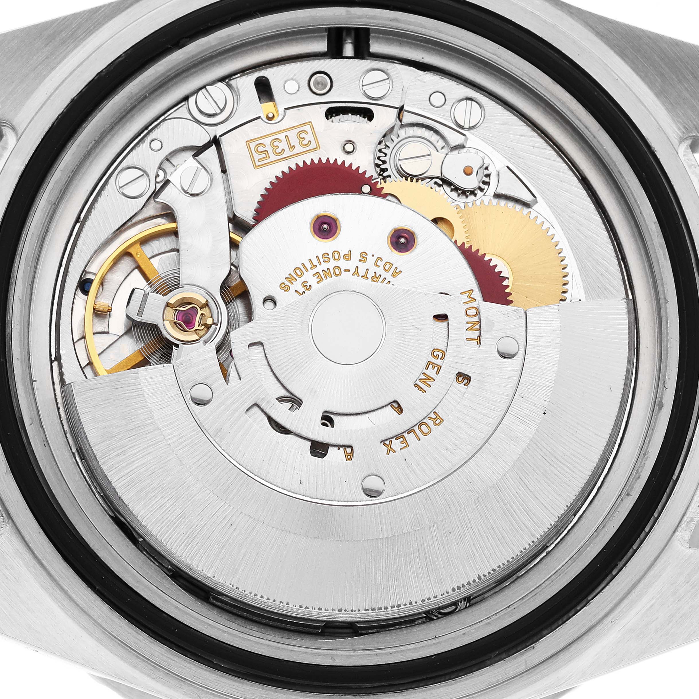 The image shows the internal movement mechanism of a Rolex Submariner 16610 Men
s Stainless Steel Black Dial 16610 Men
s Stainless Steel Black Dial watch viewed from the back.