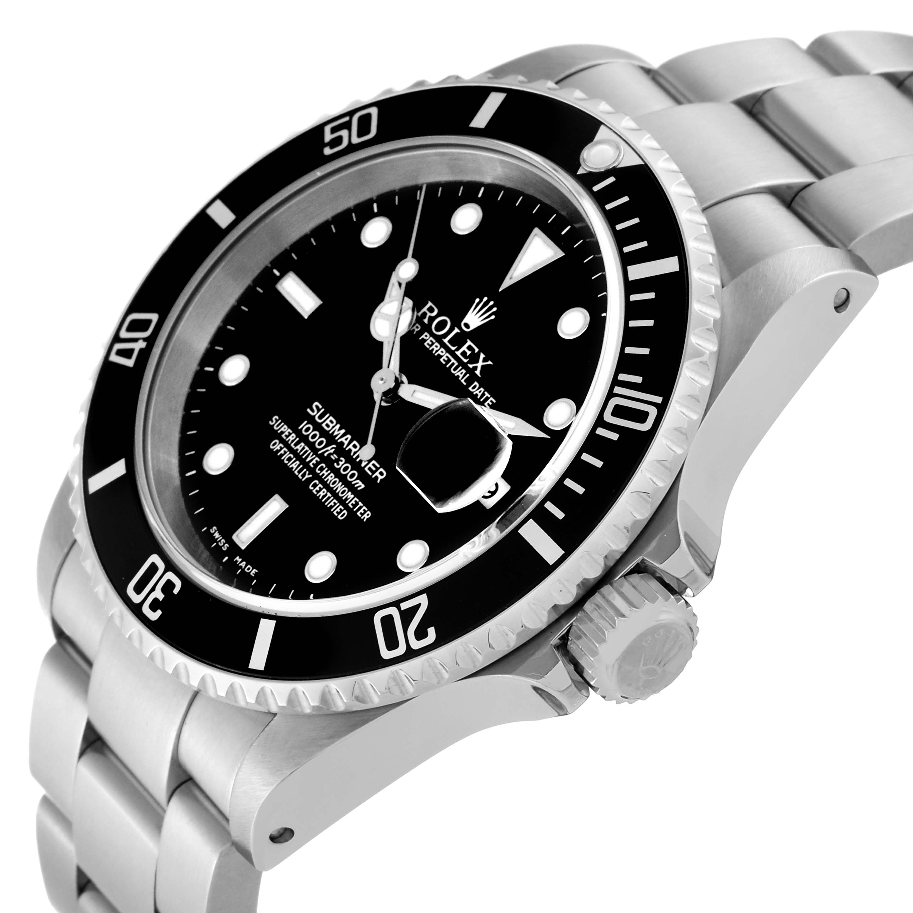 The image shows a close-up angle of the Rolex Submariner 16610 Men
s Stainless Steel Black Dial 16610 Men
s Stainless Steel Black Dial watch, highlighting the dial, bezel, crown, and part of the bracelet.