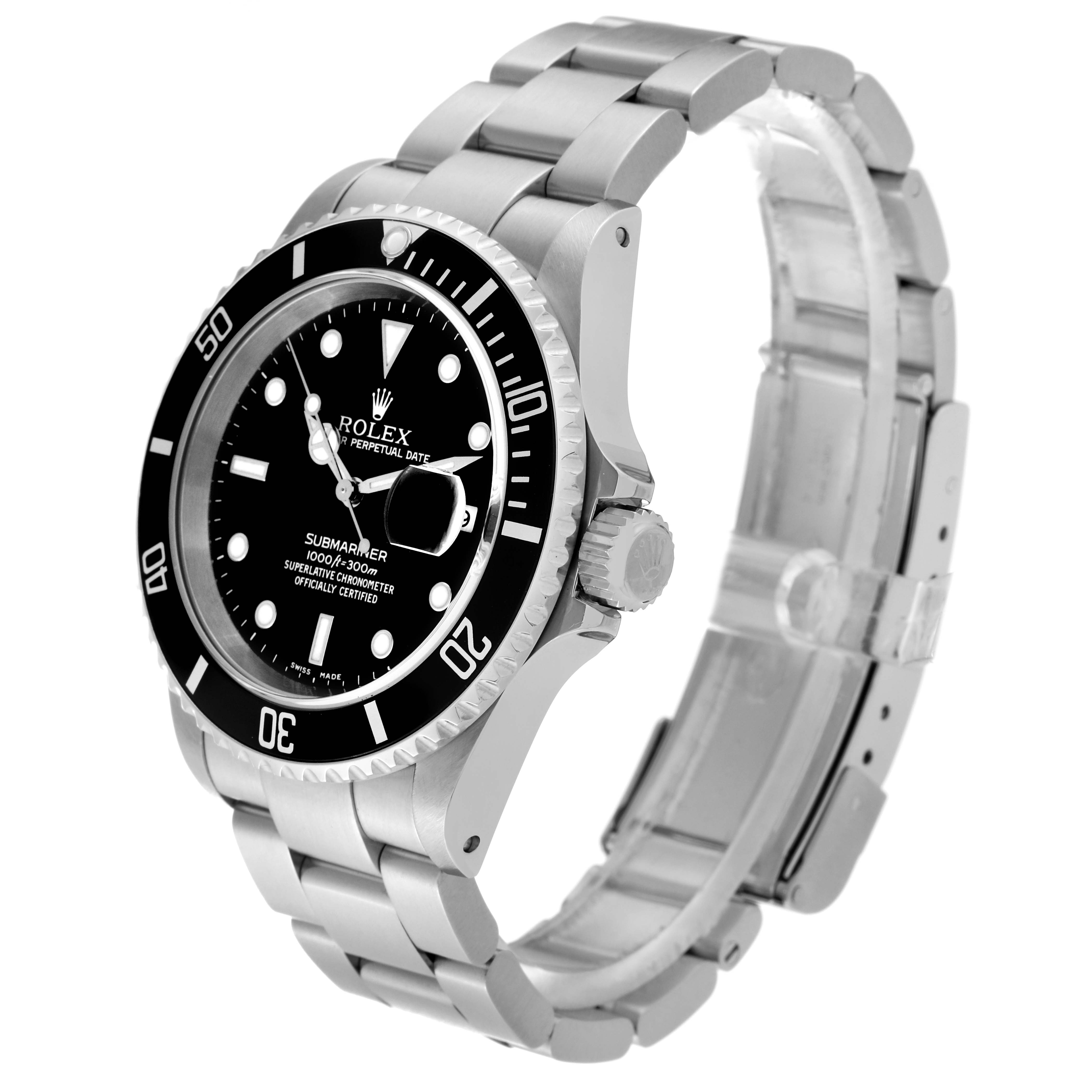 This image shows a Rolex Submariner 16610 Men
s Stainless Steel Black Dial 16610 Men
s Stainless Steel Black Dial watch viewed from a front-left angle, highlighting the dial, bezel, crown, and bracelet.