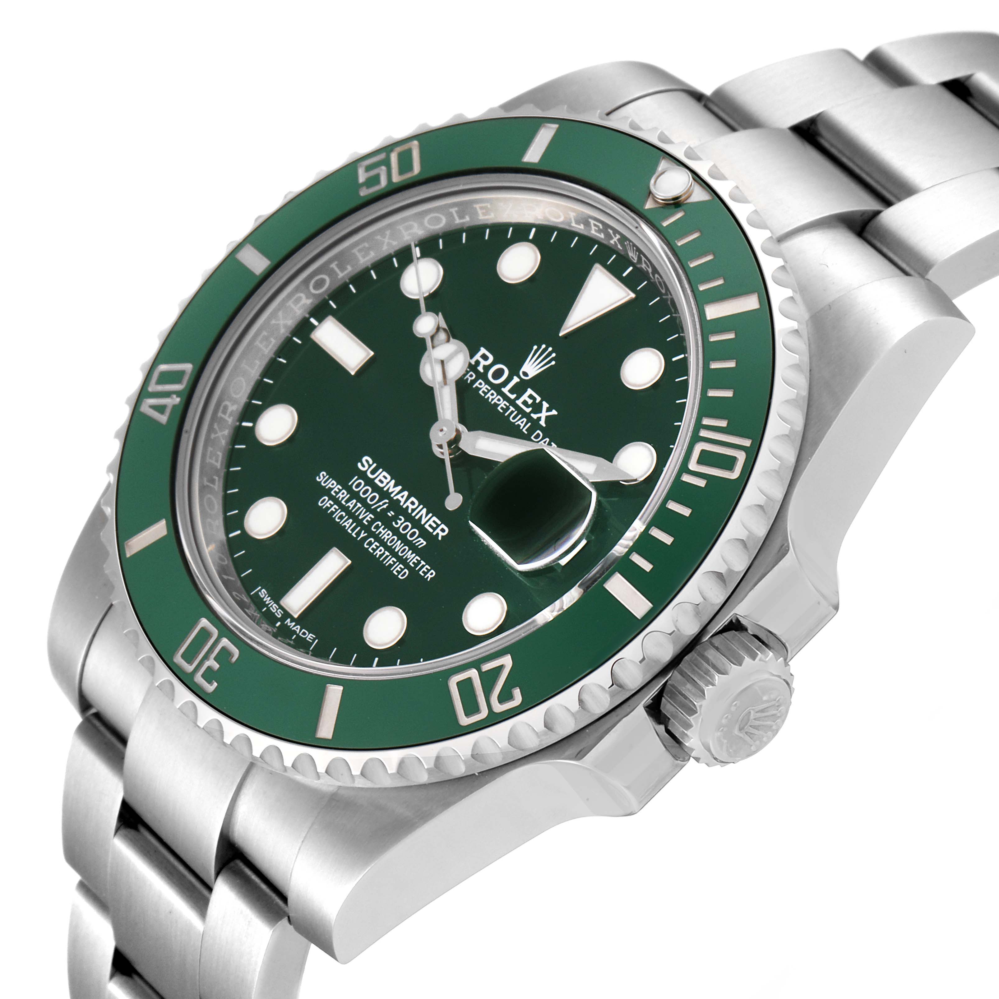The image shows a Rolex Submariner 116610LV Men
s Stainless Steel Green Dial 116610LV Men
s Stainless Steel Green Dial watch at an angled close-up, highlighting its green dial, bezel, crown, and part of the stainless steel bracelet.