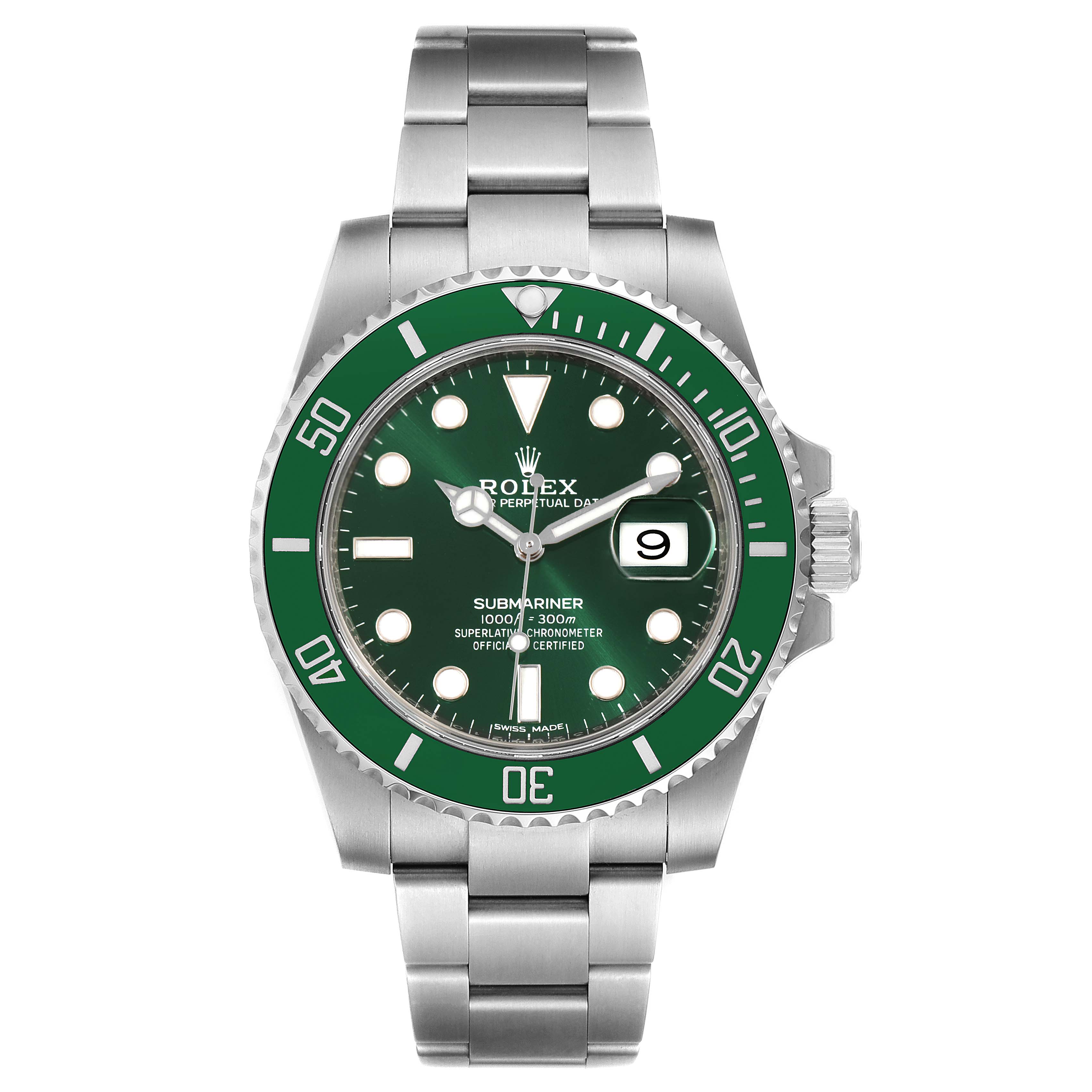 The image shows a front view of a Rolex Submariner 116610LV Men
s Stainless Steel Green Dial 116610LV Men
s Stainless Steel Green Dial watch with a green bezel and dial.