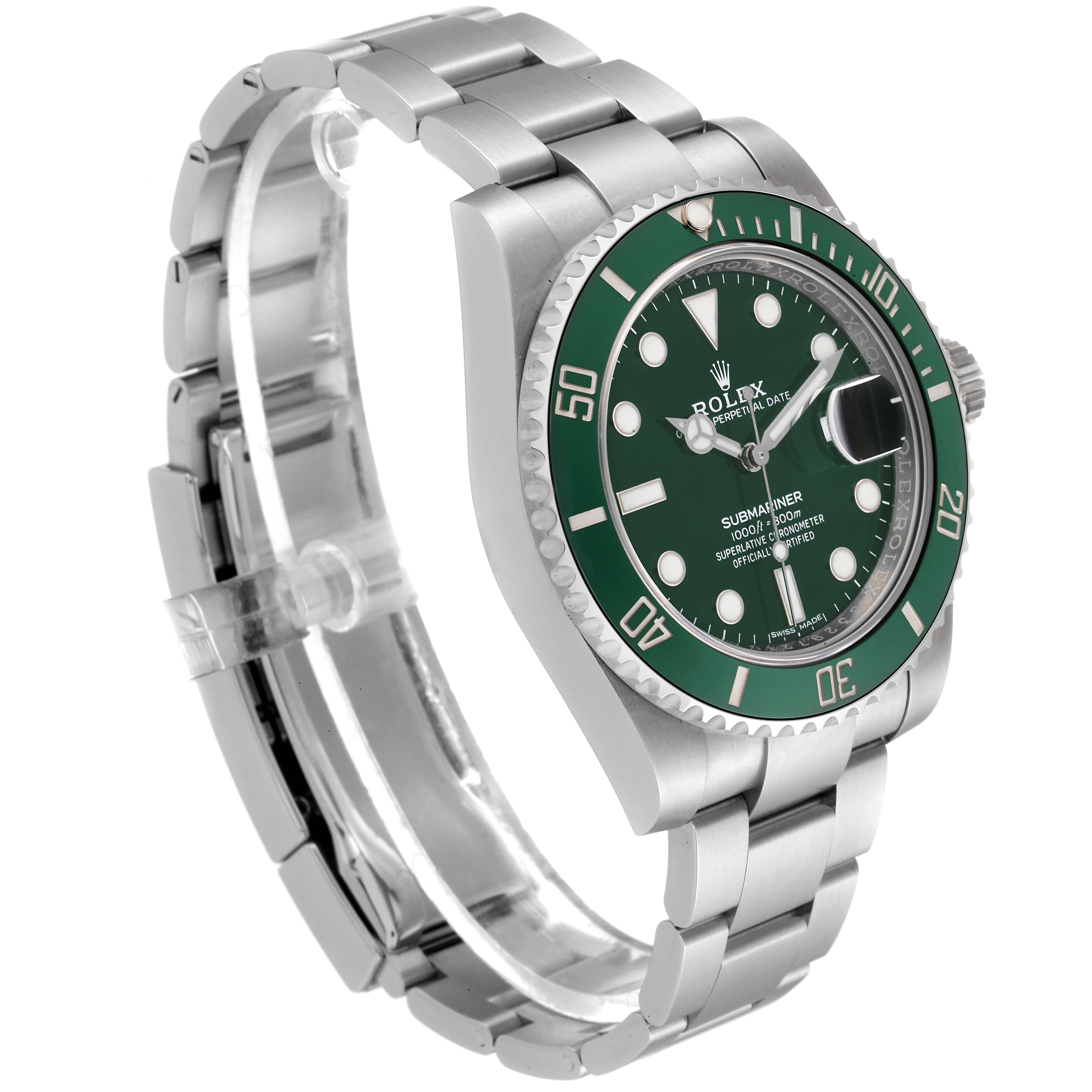 The image shows a side-angle view of a Rolex Submariner 116610LV Men
s Stainless Steel Green Dial 116610LV Men
s Stainless Steel Green Dial watch, highlighting its green bezel, dial, and silver bracelet.