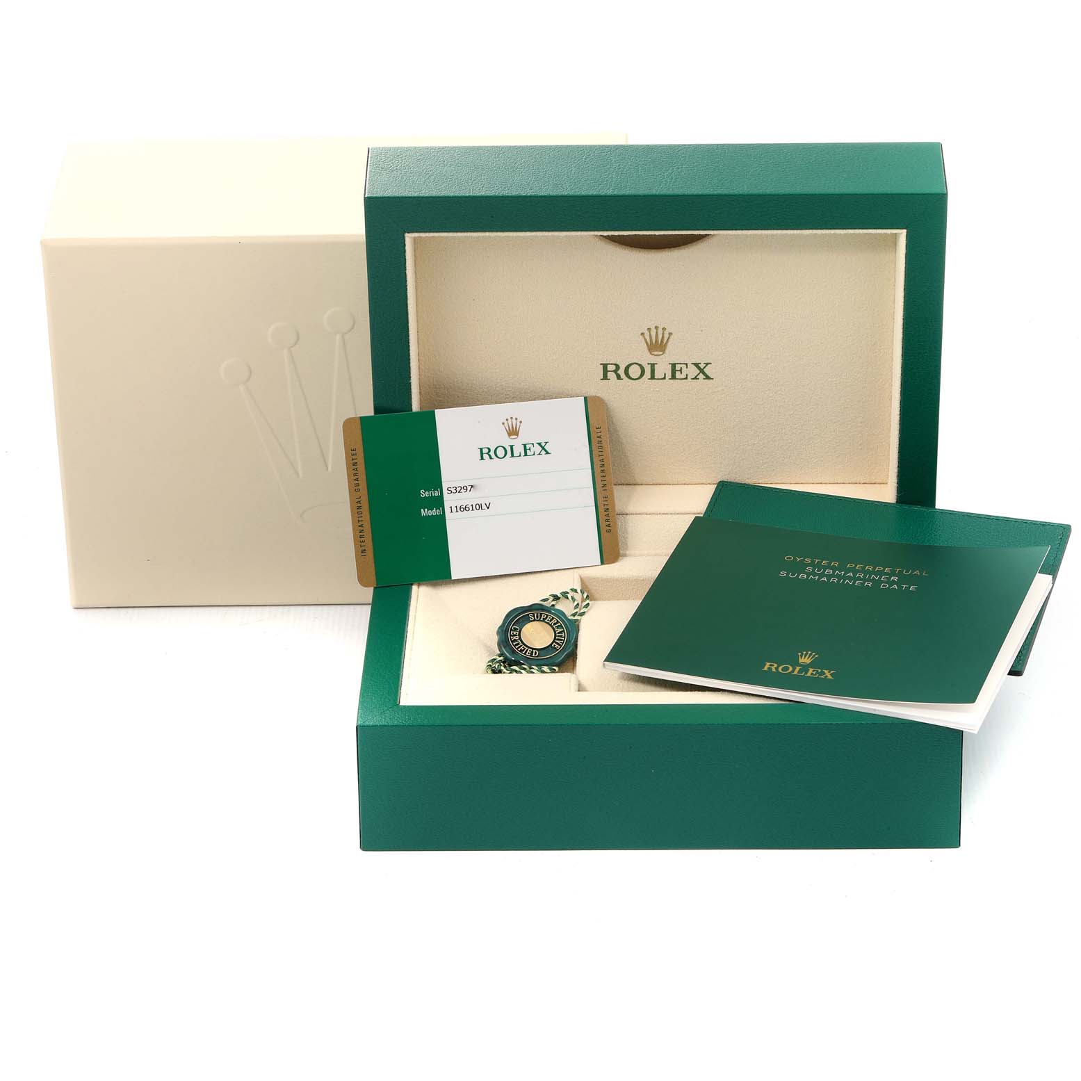 The image shows the packaging, warranty card, tag, and manual for a Rolex Submariner 116610LV Men
s Stainless Steel Green Dial 116610LV Men
s Stainless Steel Green Dial model watch.