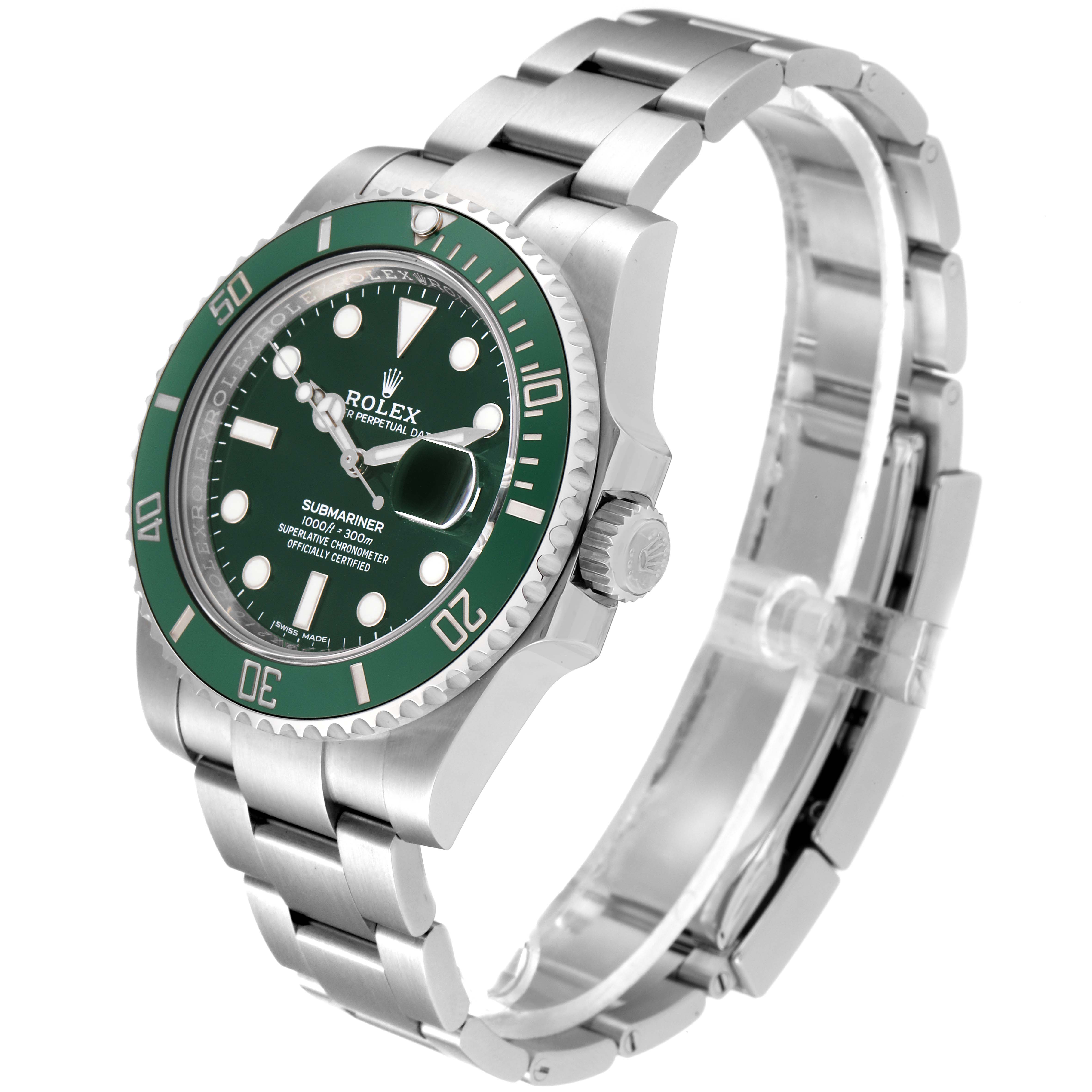 The Rolex Submariner 116610LV Men
s Stainless Steel Green Dial 116610LV Men
s Stainless Steel Green Dial watch is shown at a front-side angle, highlighting its green bezel, dial, case, crown, and bracelet.