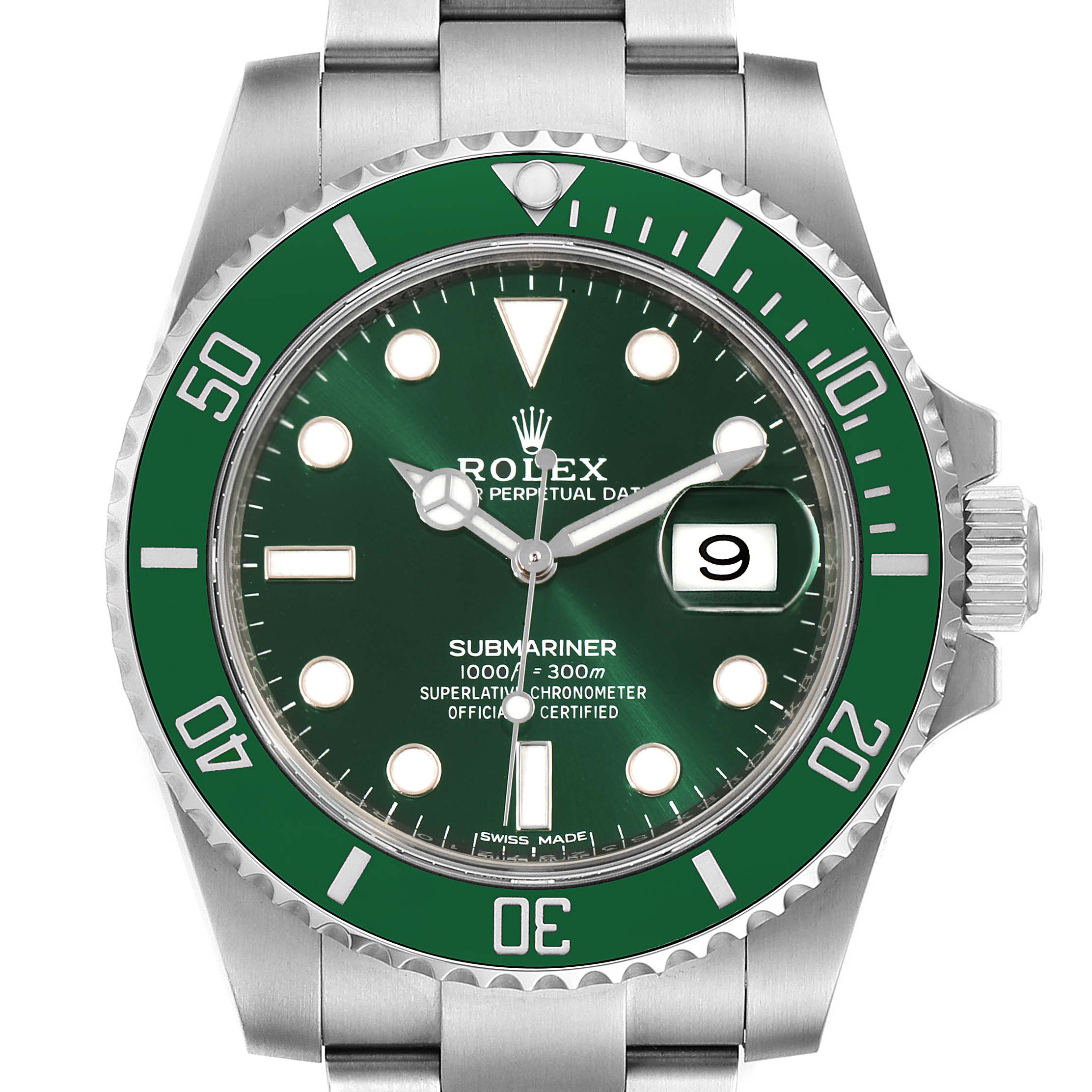 The image shows a frontal view of a Rolex Submariner 116610LV Men
s Stainless Steel Green Dial 116610LV Men
s Stainless Steel Green Dial watch, featuring the dial, bezel, case, and part of the bracelet.