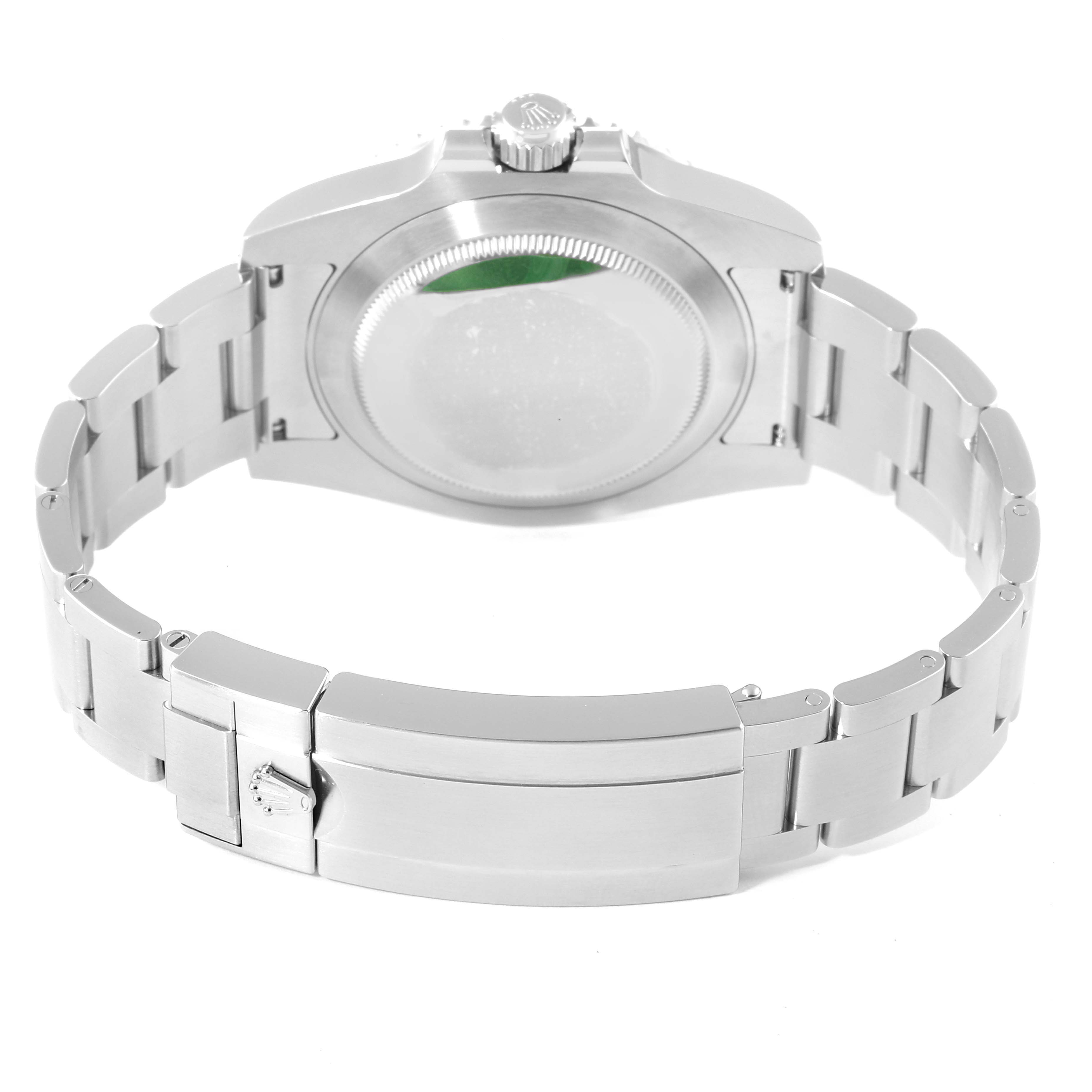 The image shows the back of a Rolex Submariner 116610LV Men
s Stainless Steel Green Dial 116610LV Men
s Stainless Steel Green Dial watch, highlighting its clasp and bracelet.