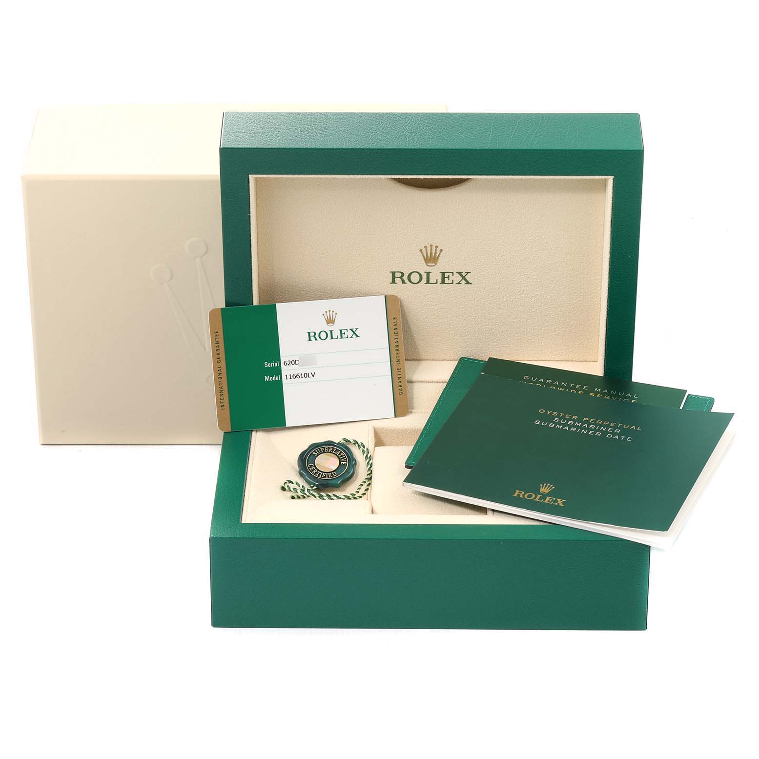 The image shows the packaging, manual, warranty card, and accessories for a Rolex Submariner 116610LV Men
s Stainless Steel Green Dial 116610LV Men
s Stainless Steel Green Dial watch.