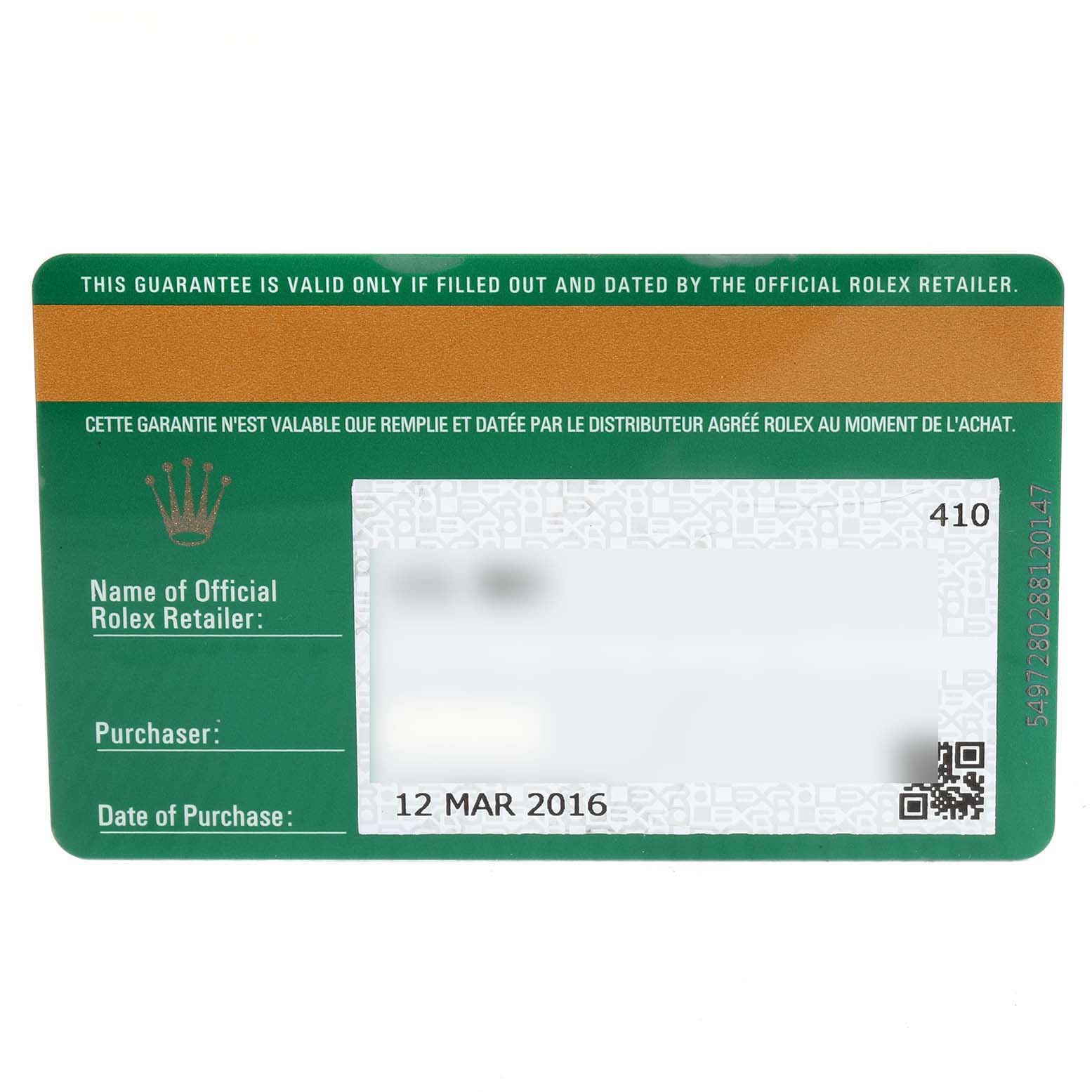 The image shows a warranty card for a Rolex Submariner 116610LV Men
s Stainless Steel Green Dial 116610LV Men
s Stainless Steel Green Dial model, including retailer information and the date of purchase.