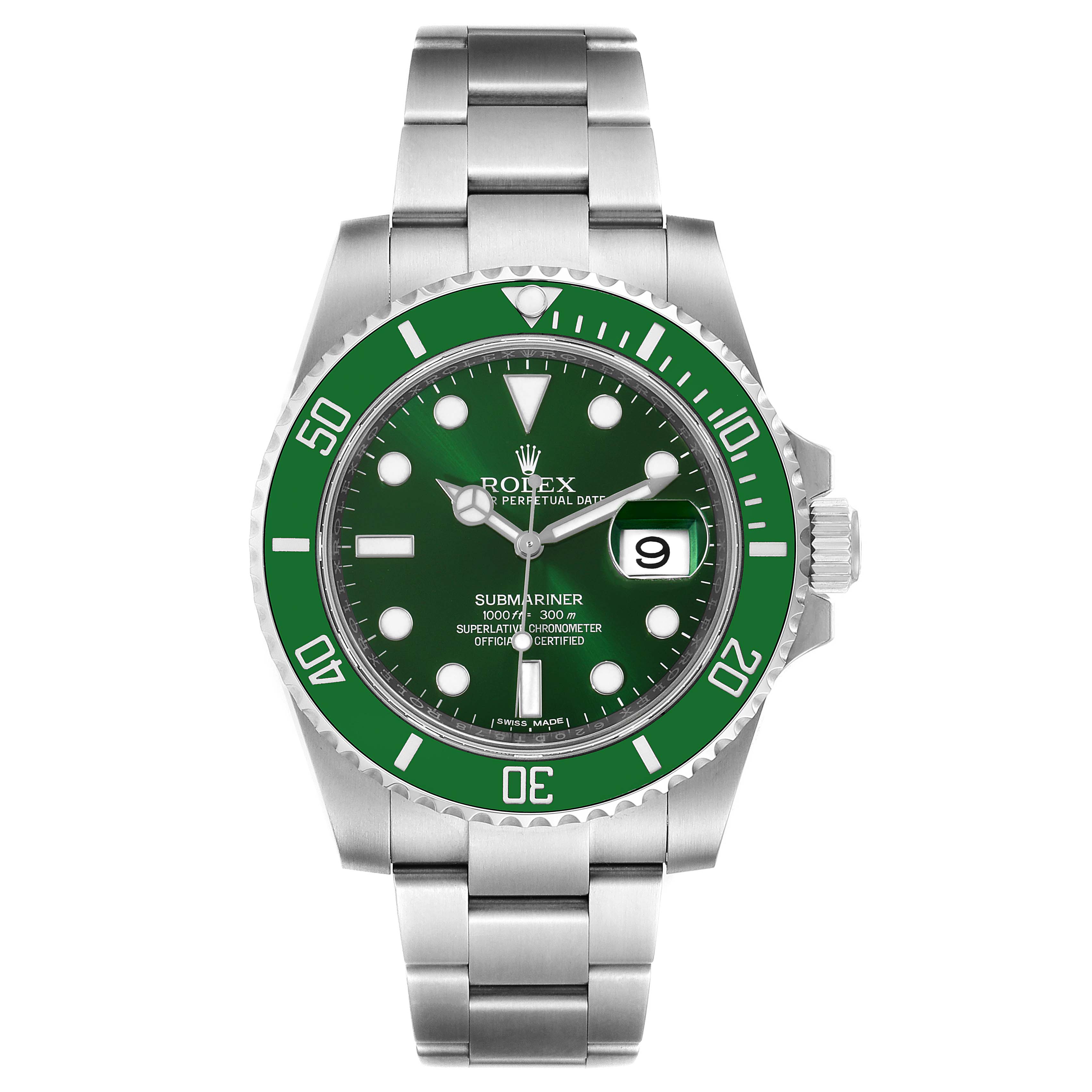 This image shows a front view of the Rolex Submariner 116610LV Men
s Stainless Steel Green Dial 116610LV Men
s Stainless Steel Green Dial watch with a green dial and bezel, featuring the bracelet and crown.