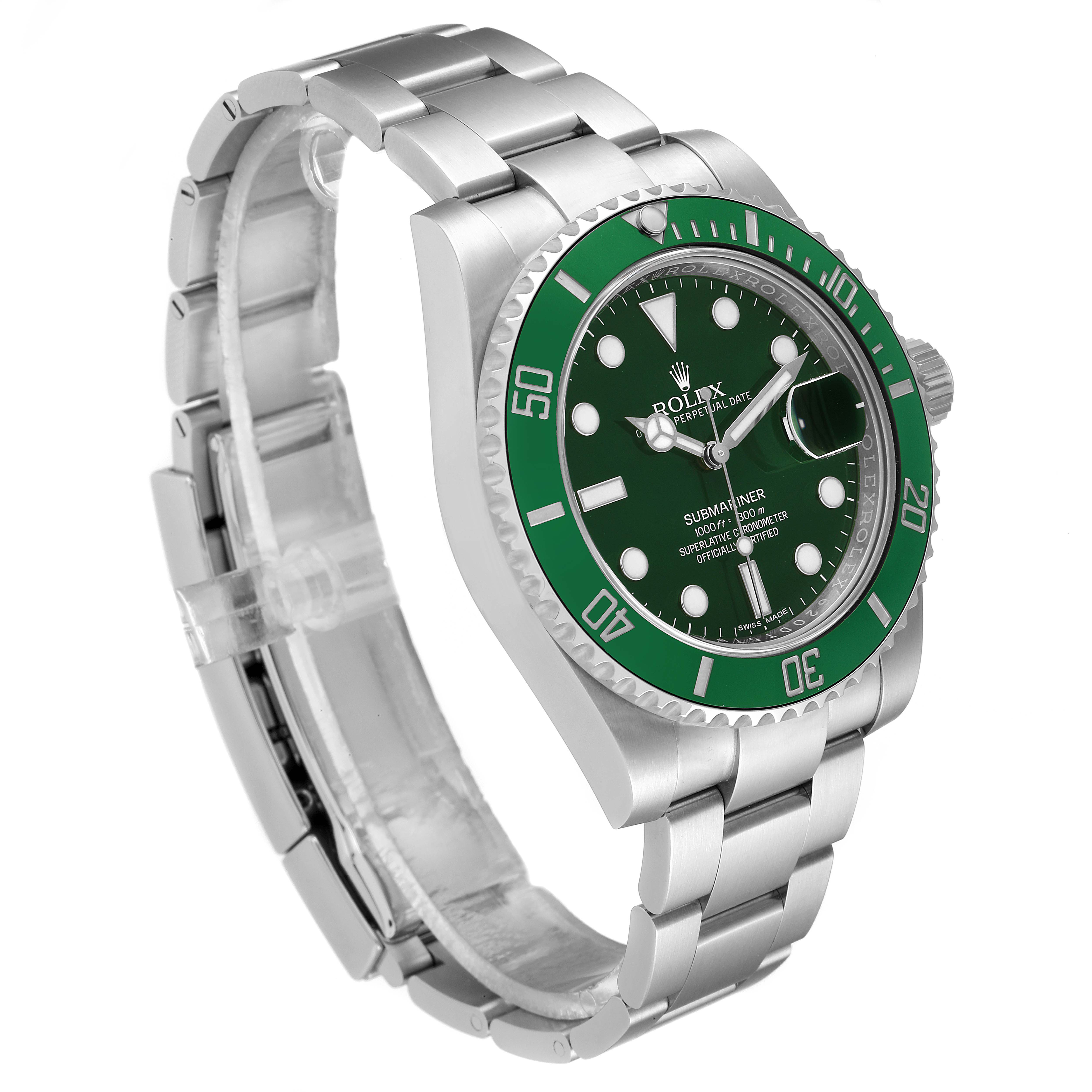 The image shows a Rolex Submariner 116610LV Men
s Stainless Steel Green Dial 116610LV Men
s Stainless Steel Green Dial watch at a three-quarter angle, highlighting its green bezel, dial, and stainless steel bracelet.