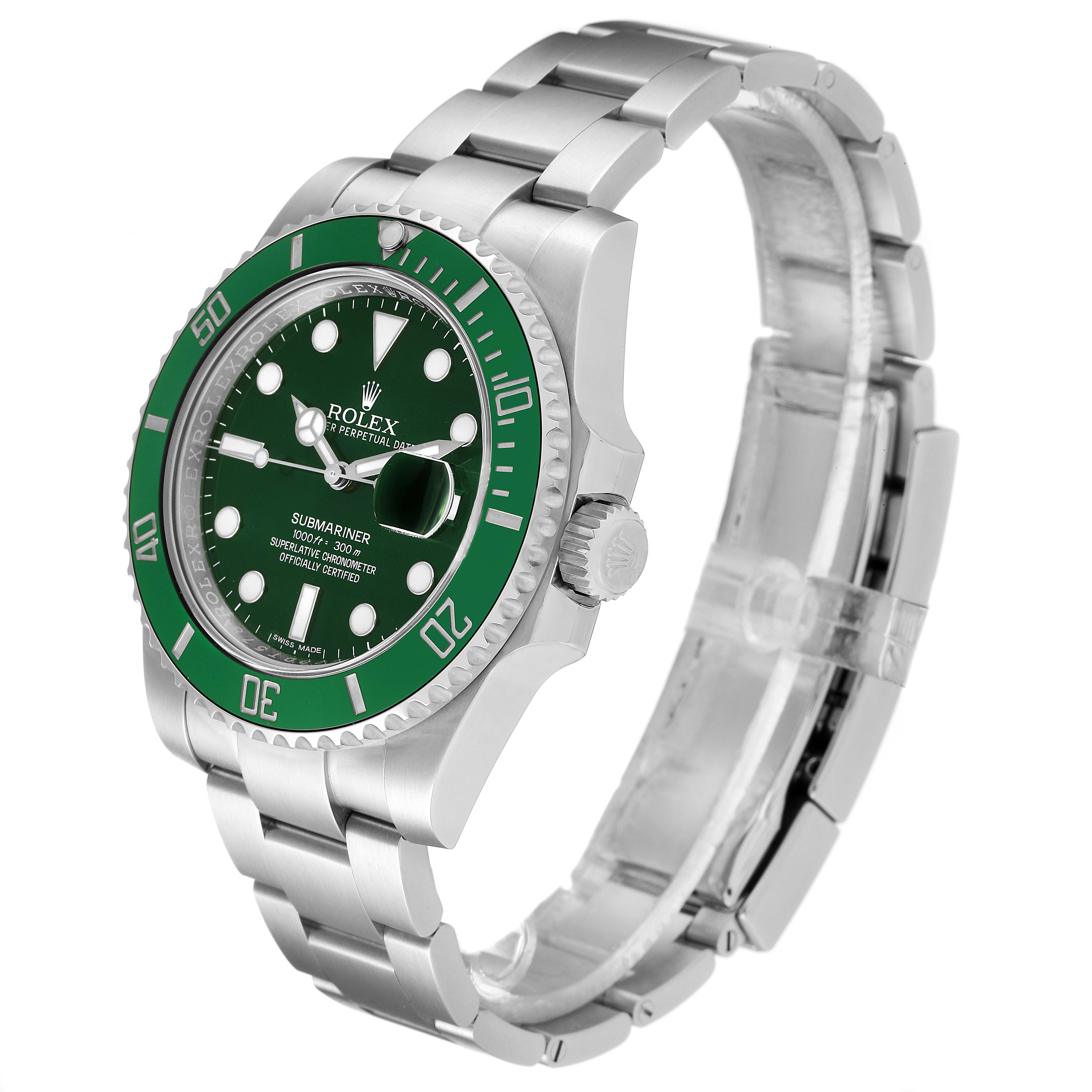 The Rolex Submariner 116610LV Men
s Stainless Steel Green Dial 116610LV Men
s Stainless Steel Green Dial watch is shown at a front-side angle, displaying the case, bezel, dial, crystal, crown, and bracelet.
