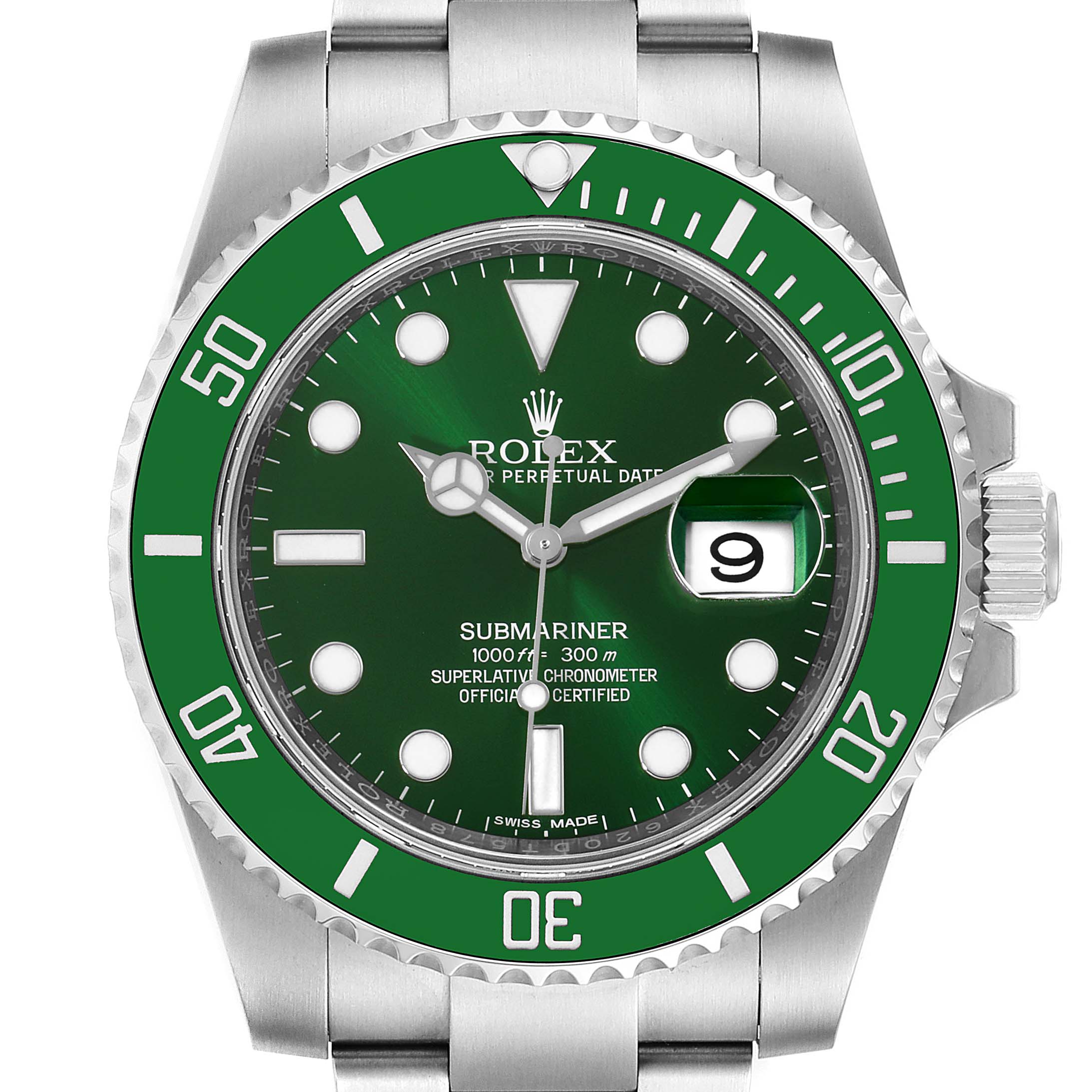 The image shows a front view of the Rolex Submariner 116610LV Men
s Stainless Steel Green Dial 116610LV Men
s Stainless Steel Green Dial watch face and bezel with a green dial and date display.