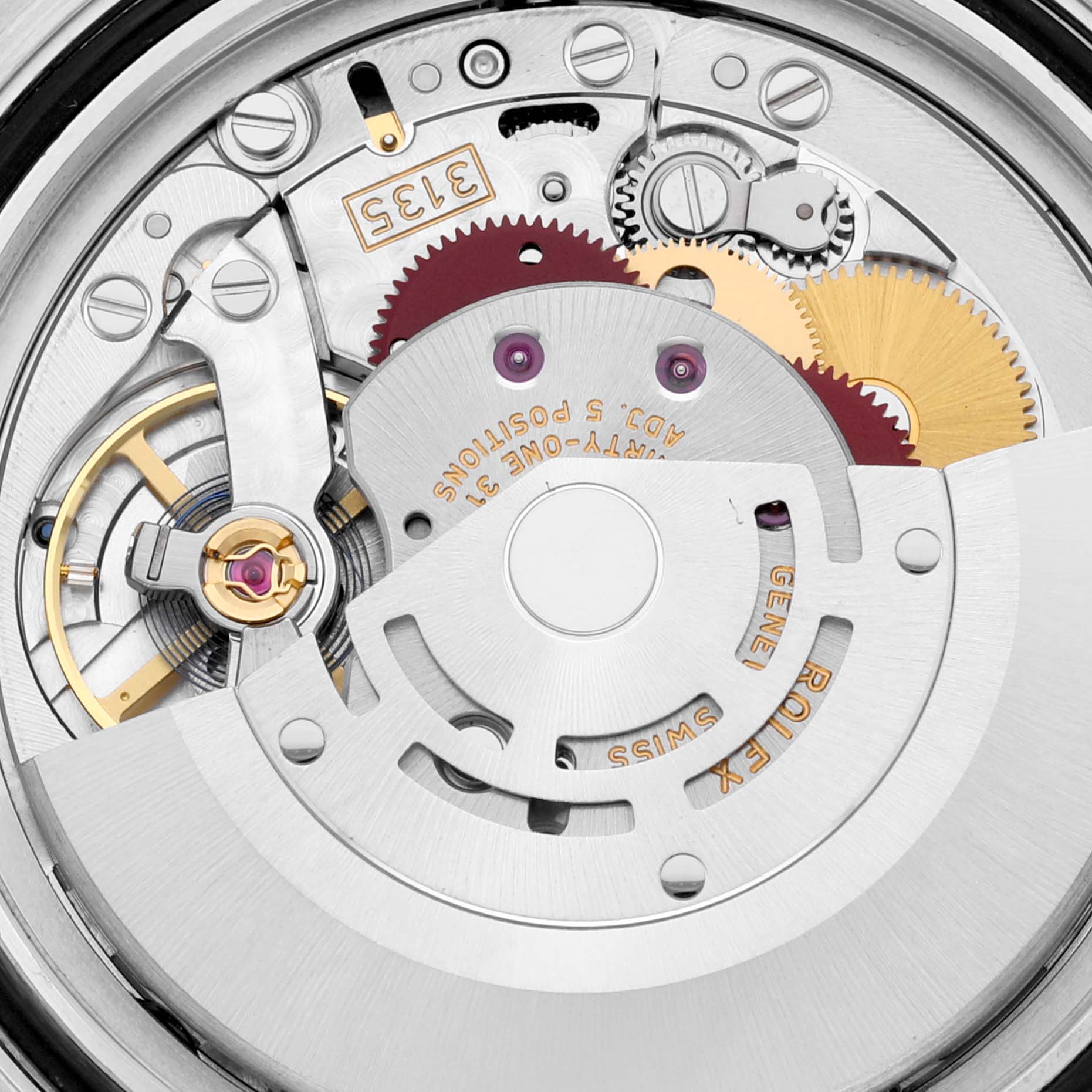 This image shows a close-up of the internal mechanism of a Rolex Submariner 116610LV Men's Stainless Steel Green Dial 116610LV Men's Stainless Steel Green Dial watch, highlighting gears and components.