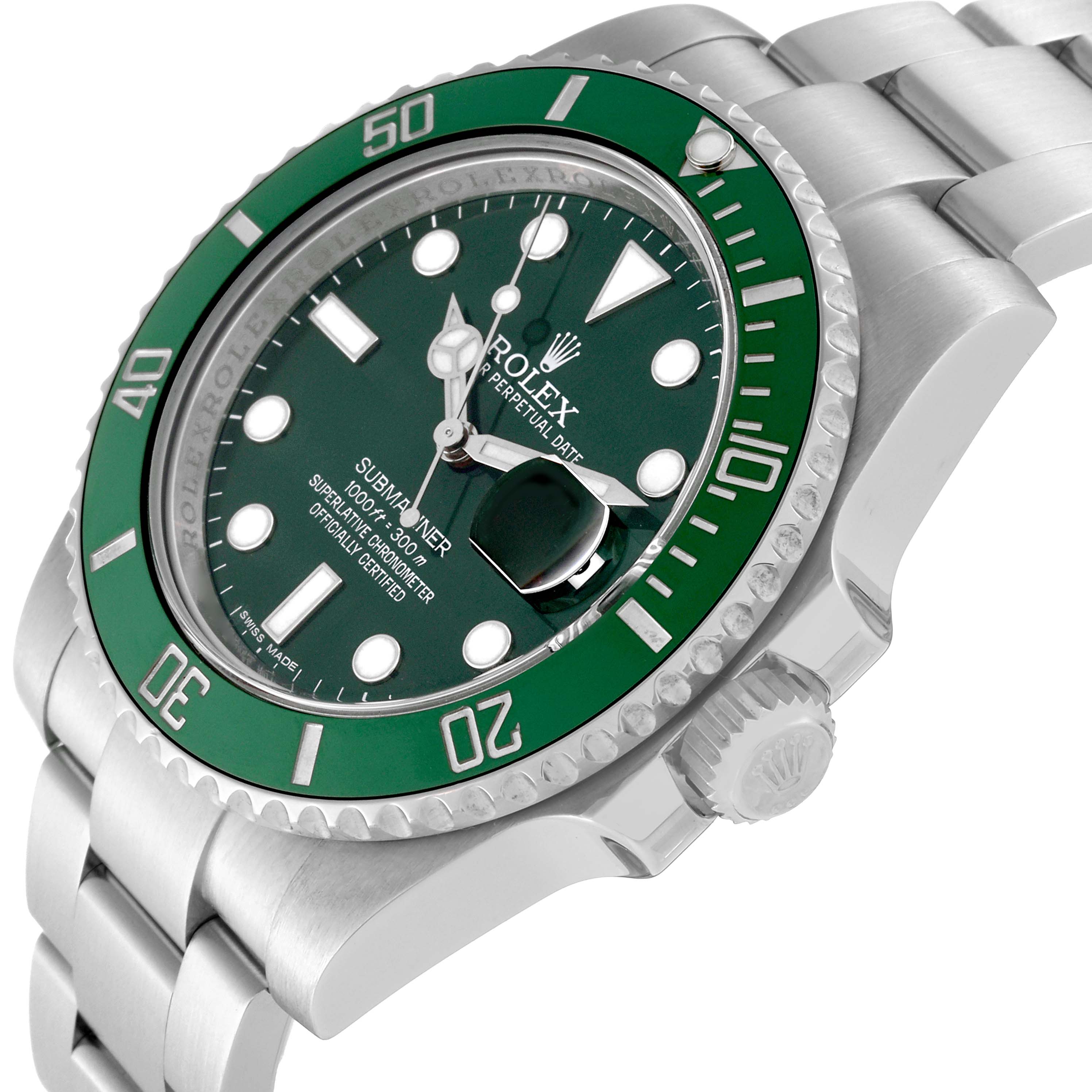 The image shows a side and partial top angle of a Rolex Submariner 116610LV Men's Stainless Steel Green Dial 116610LV Men's Stainless Steel Green Dial watch, highlighting its green bezel, dial, and stainless steel bracelet.