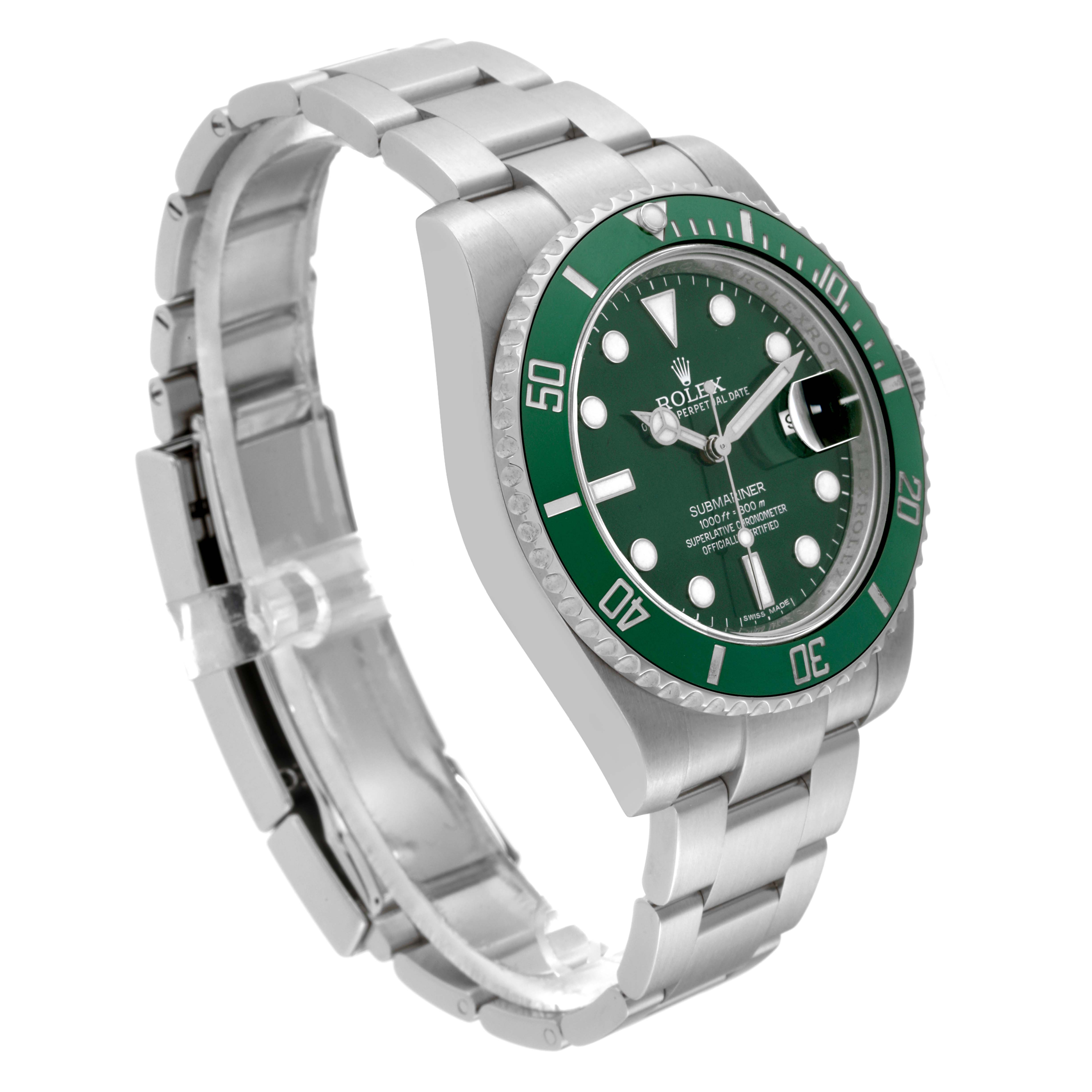 This image shows a side-angle view of a Rolex Submariner 116610LV Men's Stainless Steel Green Dial 116610LV Men's Stainless Steel Green Dial watch with a green bezel and dial.