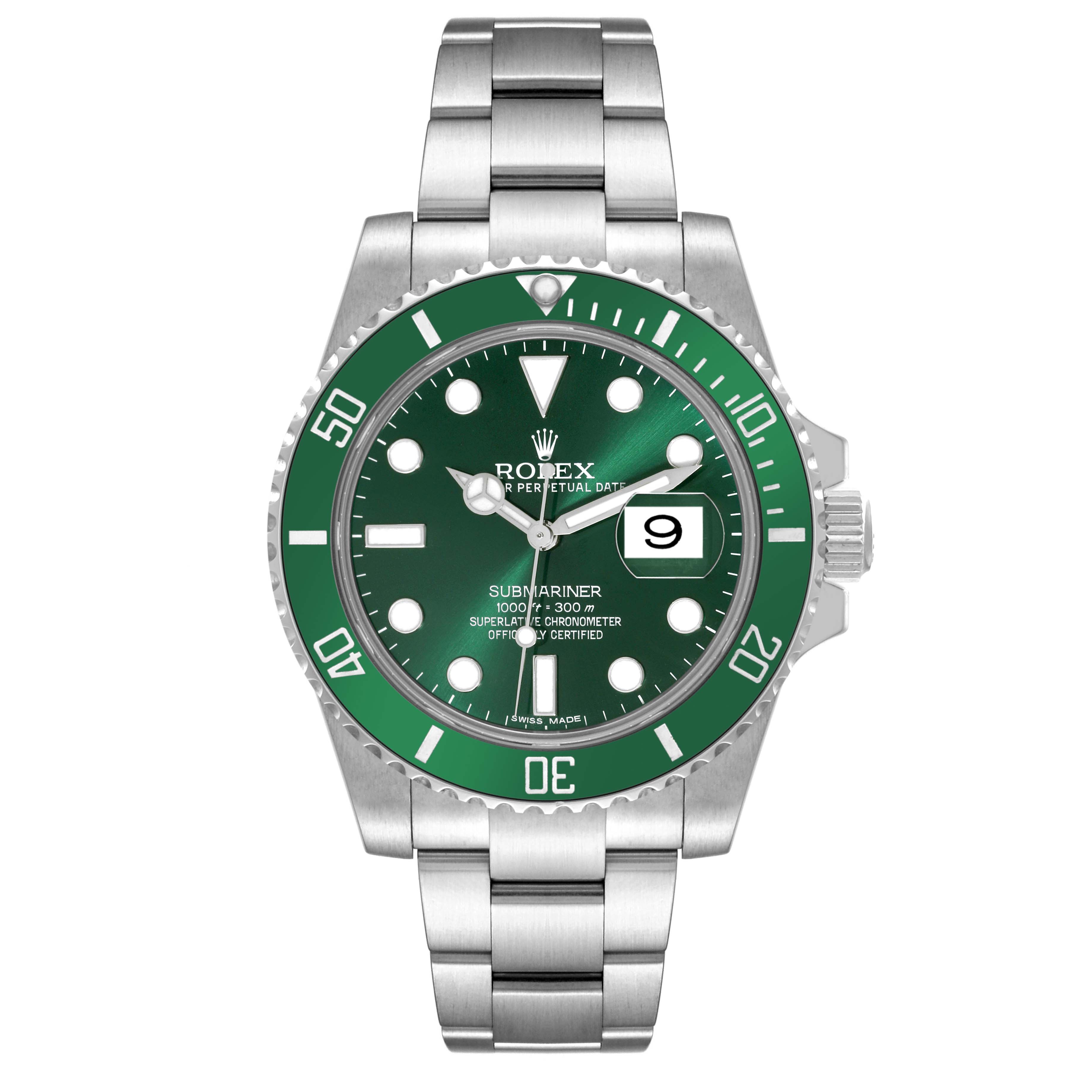 This image shows a front view of the Rolex Submariner 116610LV Men's Stainless Steel Green Dial 116610LV Men's Stainless Steel Green Dial watch, showcasing its green dial, date window, and stainless steel bracelet.