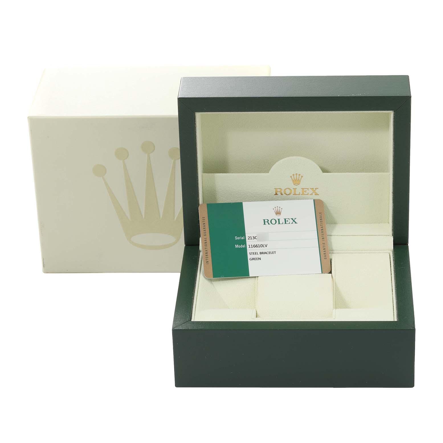 The image shows an empty open Rolex Submariner 116610LV Men's Stainless Steel Green Dial 116610LV Men's Stainless Steel Green Dial watch box with authentication card, viewed from a straight-on angle.