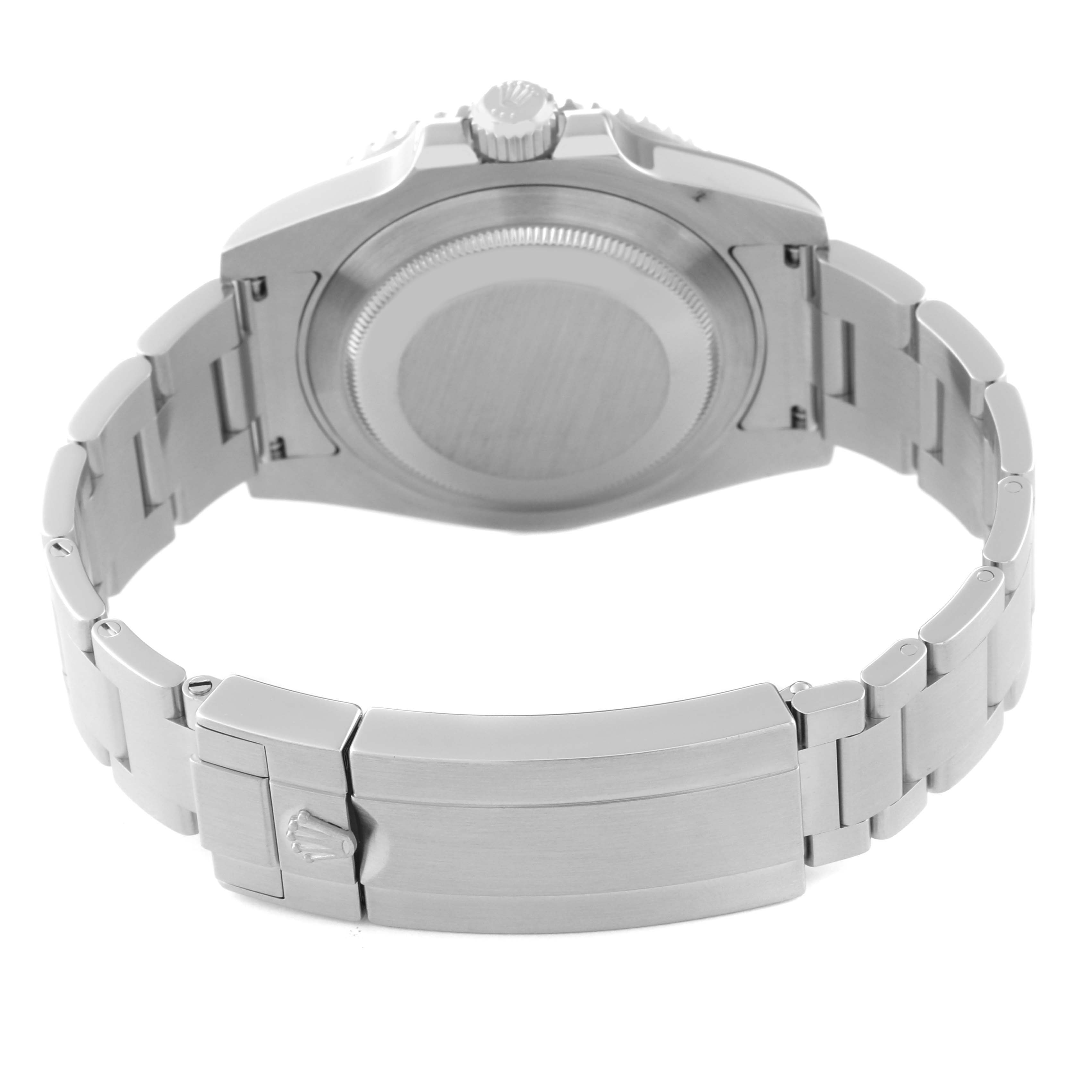 The image shows the back side and clasp of a Rolex Submariner 116610LV Men's Stainless Steel Green Dial 116610LV Men's Stainless Steel Green Dial watch, focusing on the case back and bracelet.