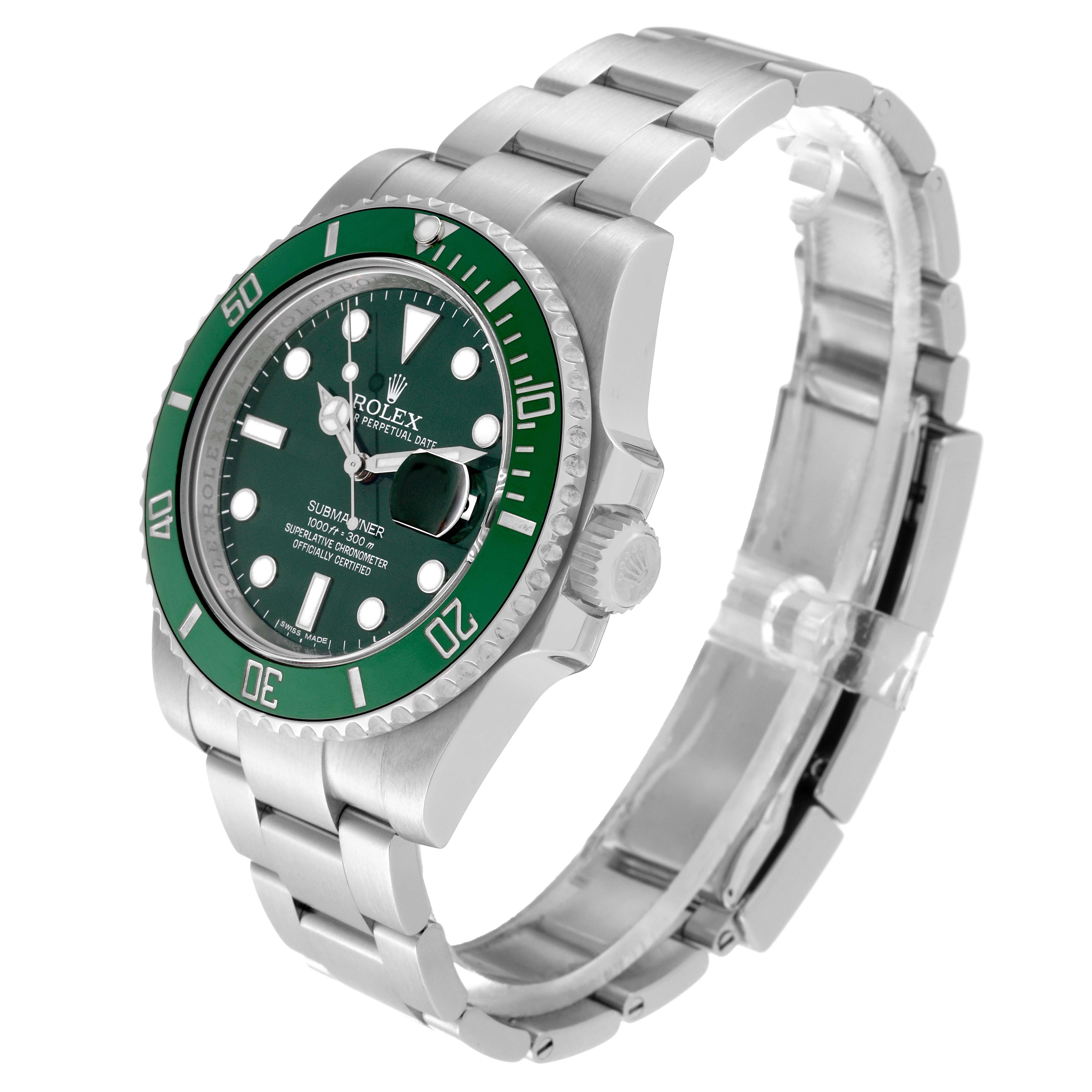 The image shows a side-angle view of a Rolex Submariner 116610LV Men's Stainless Steel Green Dial 116610LV Men's Stainless Steel Green Dial, highlighting the face, bezel, and bracelet.
