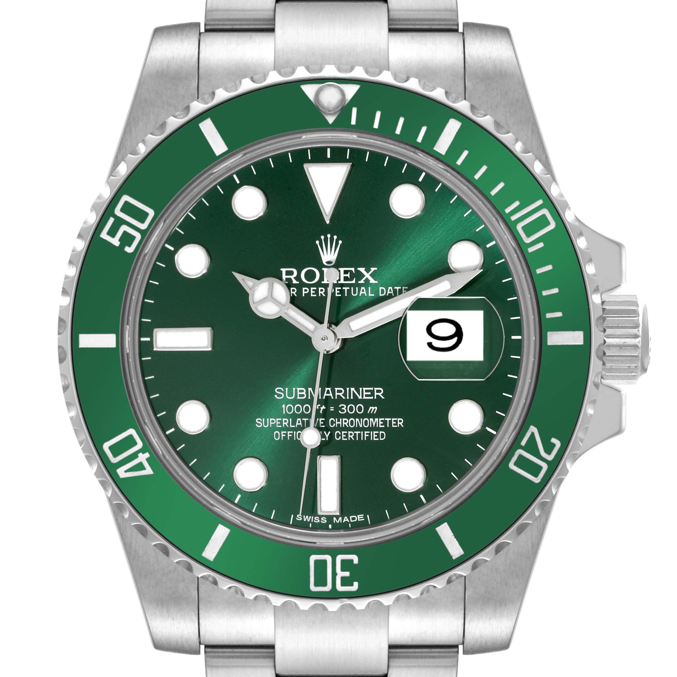 This image shows a frontal view of a Rolex Submariner 116610LV Men's Stainless Steel Green Dial 116610LV Men's Stainless Steel Green Dial watch, highlighting its green dial, green bezel, and metal bracelet.