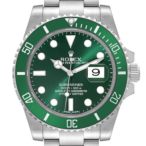 This image shows a front view of the Rolex Submariner watch, highlighting the green bezel, dial, and date feature.