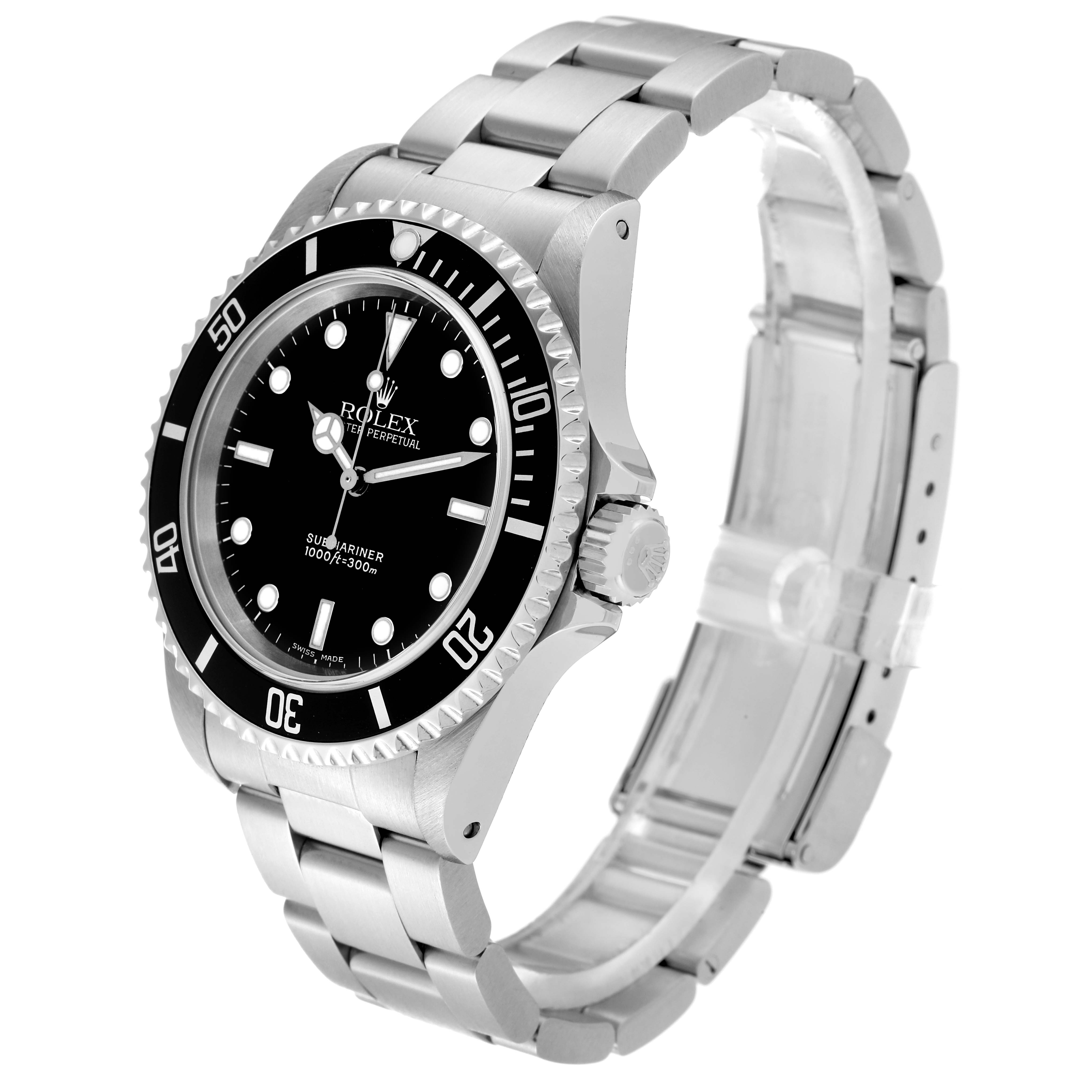 The Rolex Submariner 14060 Men's Stainless Steel Black Dial 14060 Men's Stainless Steel Black Dial watch is shown at a three-quarter angle, highlighting the bezel, dial, crown, and bracelet.