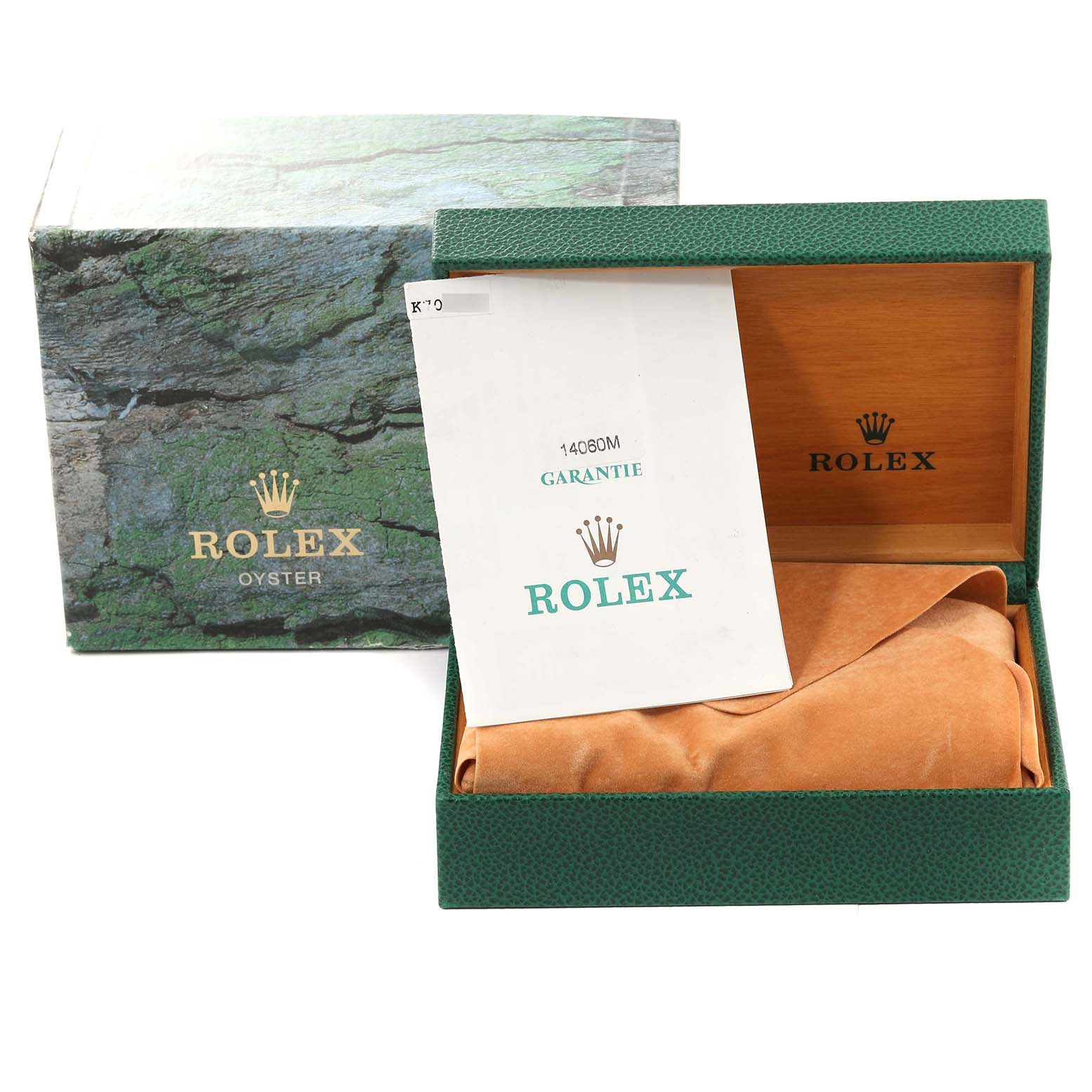 The image shows the packaging of a Rolex Submariner 14060 Men's Stainless Steel Black Dial 14060 Men's Stainless Steel Black Dial, including the outer box, inner box, and guarantee paper.