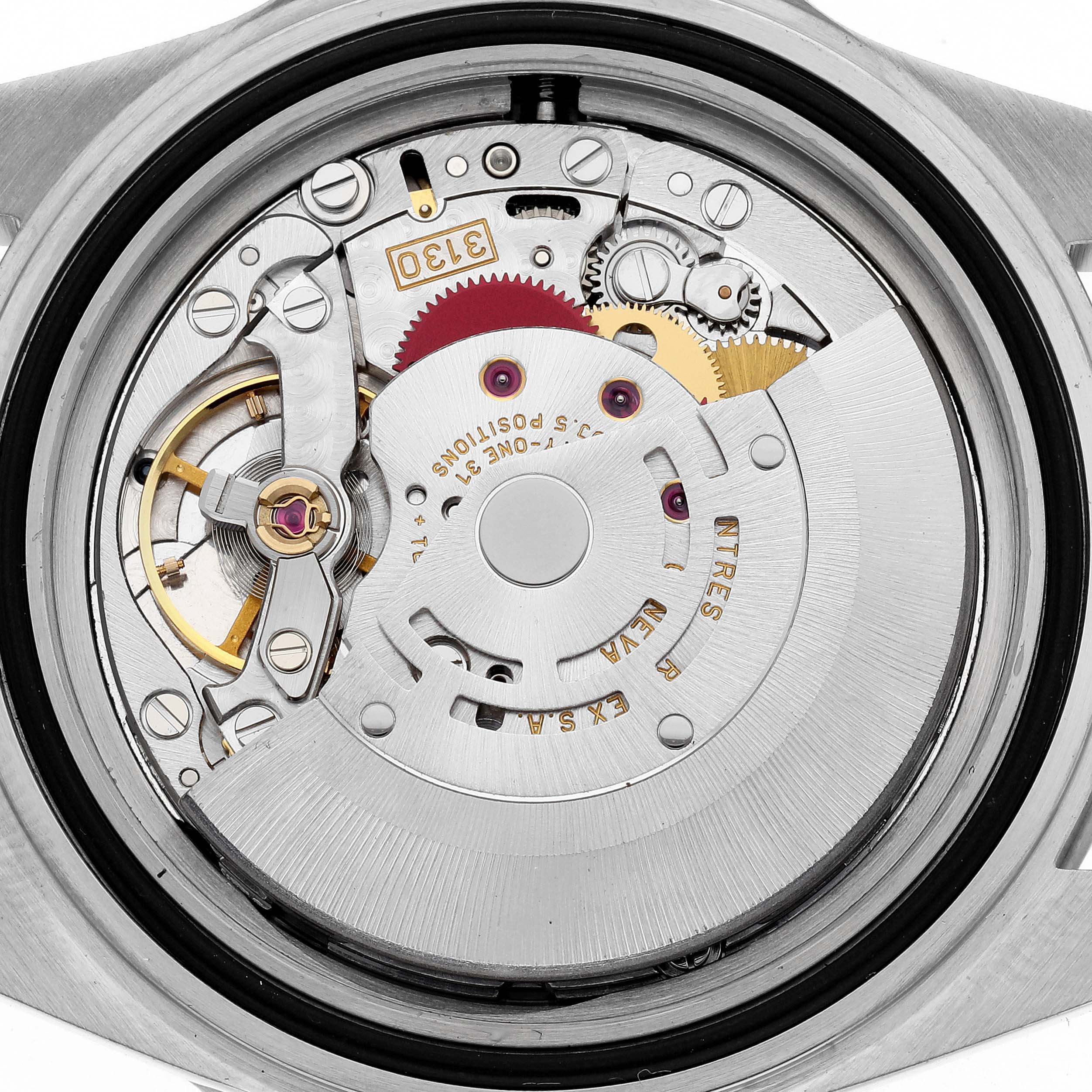 This image shows the movement of the Rolex Submariner 14060 Men's Stainless Steel Black Dial 14060 Men's Stainless Steel Black Dial watch, viewed from the back, highlighting the intricate mechanical parts.