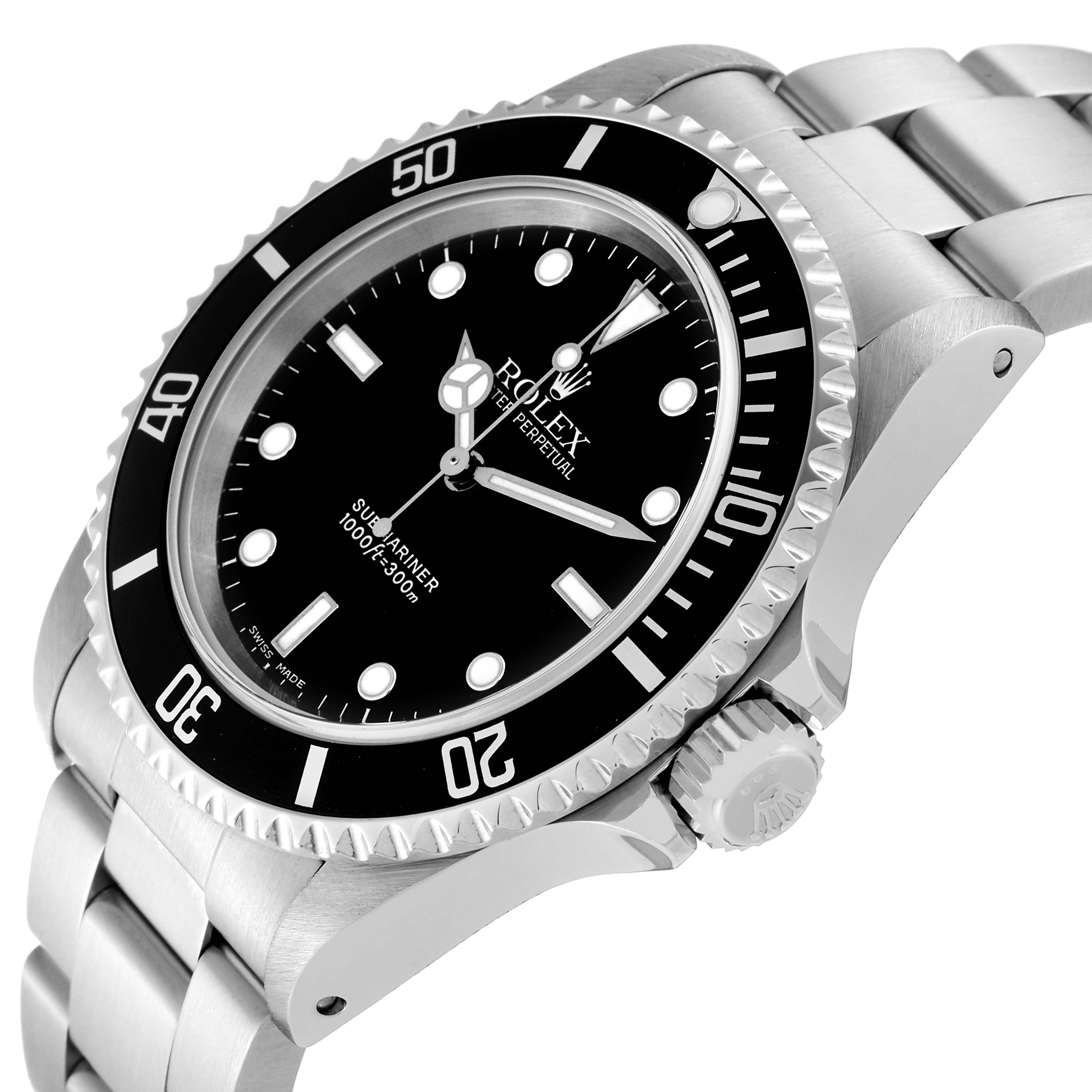 The Rolex Submariner 14060 Men's Stainless Steel Black Dial 14060 Men's Stainless Steel Black Dial watch is shown at an angled view focusing on the bezel, dial, crown, and part of the bracelet.