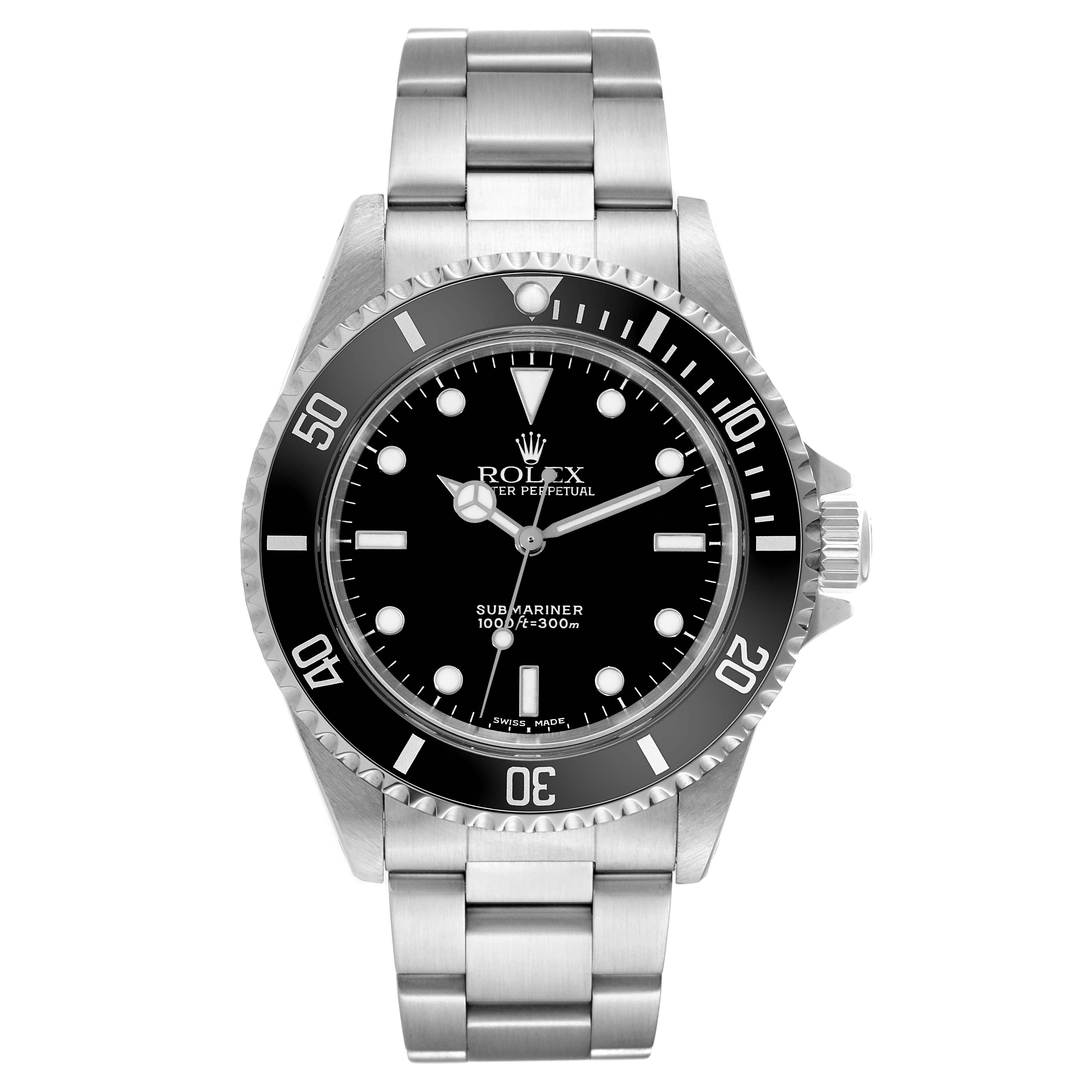 The image shows a front view of the Rolex Submariner 14060 Men's Stainless Steel Black Dial 14060 Men's Stainless Steel Black Dial watch, highlighting its dial, bezel, and bracelet.