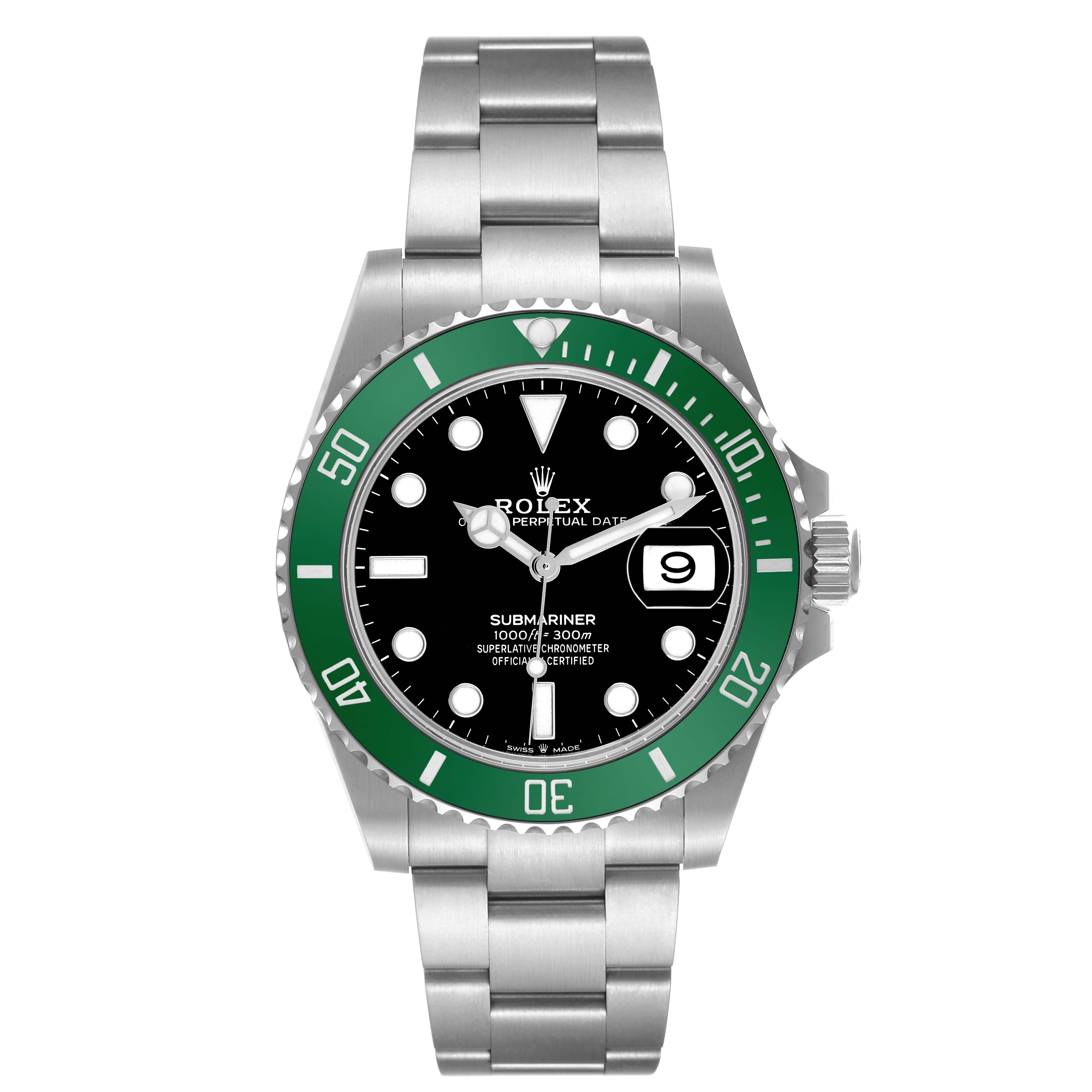The Rolex Submariner 126610LV Men's Stainless Steel Black Dial is shown from a front angle displaying its face, bezel, bracelet, and crown.