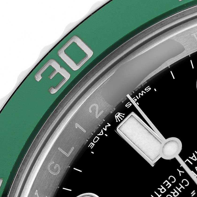 The image shows a close-up of the bezel and dial of a Rolex Submariner 126610LV Men's Stainless Steel Black Dial, highlighting the "30" minute mark.