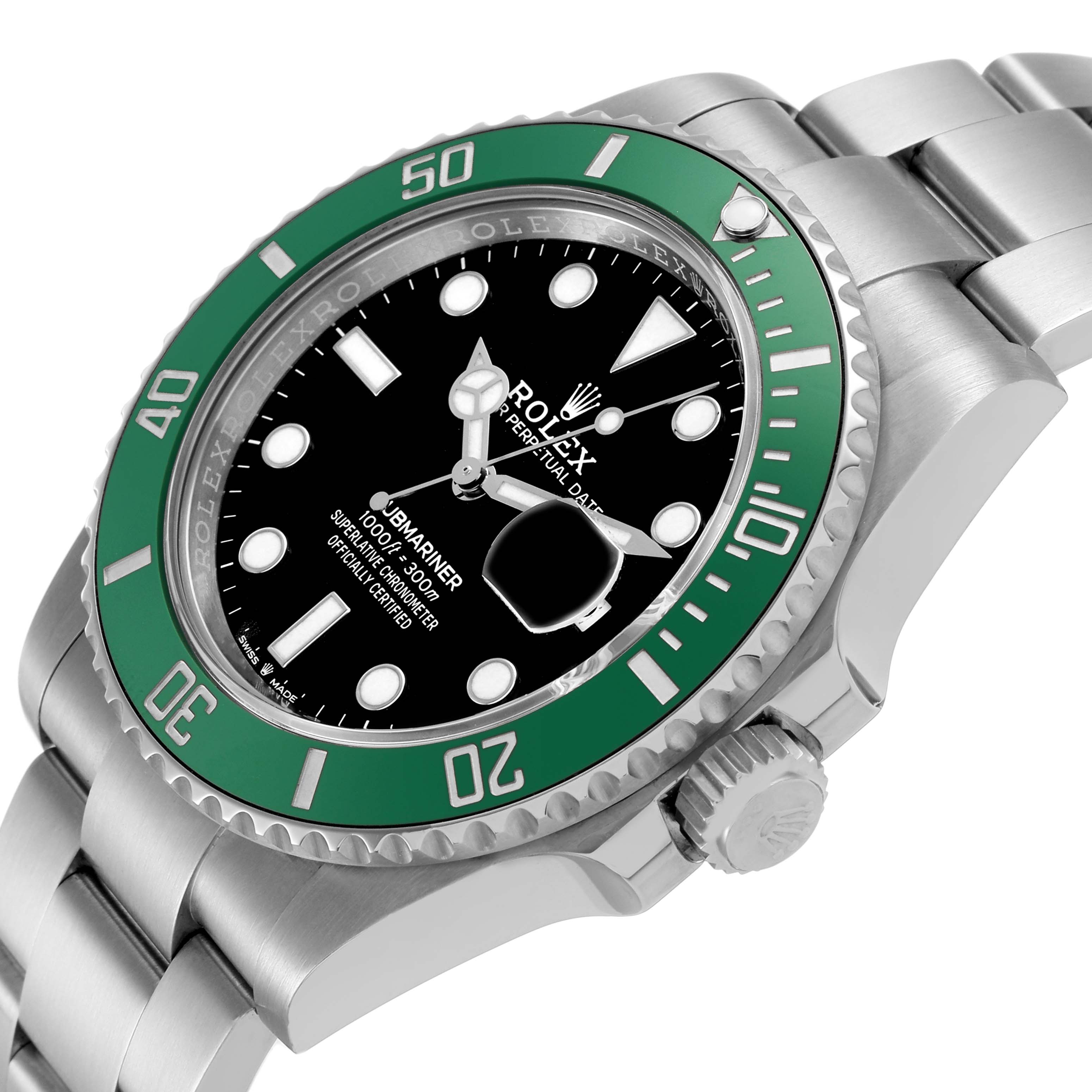 The Rolex Submariner 126610LV Men's Stainless Steel Black Dial is shown at an angled side view, highlighting the green bezel, black dial, and bracelet.
