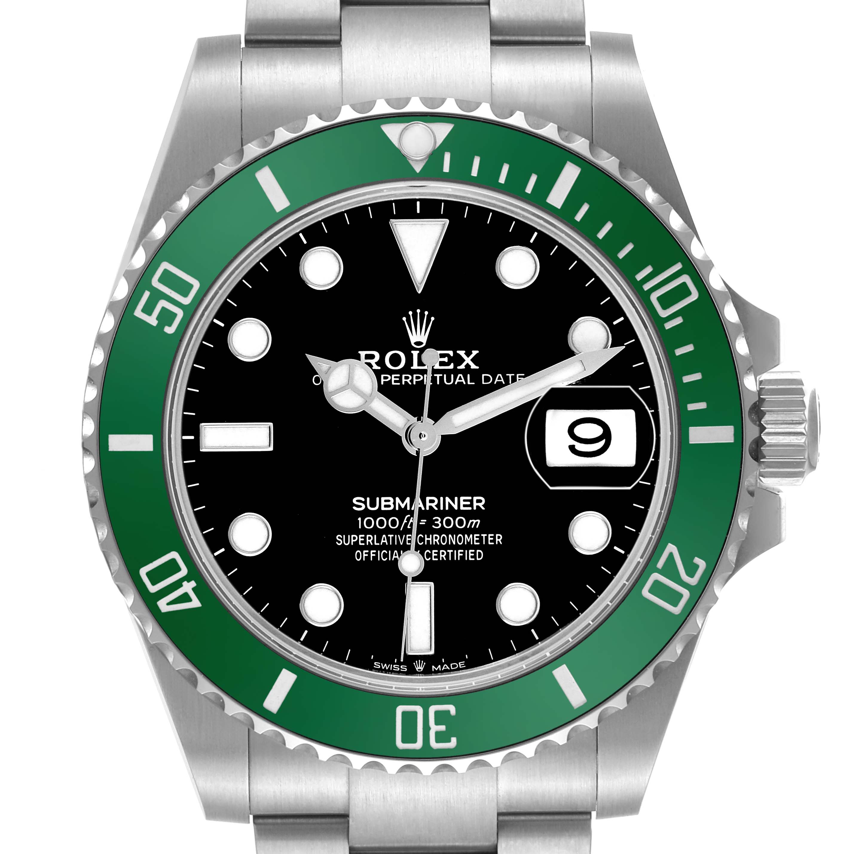 The Rolex Submariner 126610LV Men's Stainless Steel Black Dial watch is shown from the front, displaying its green bezel, black dial, markers, hands, and bracelet top.