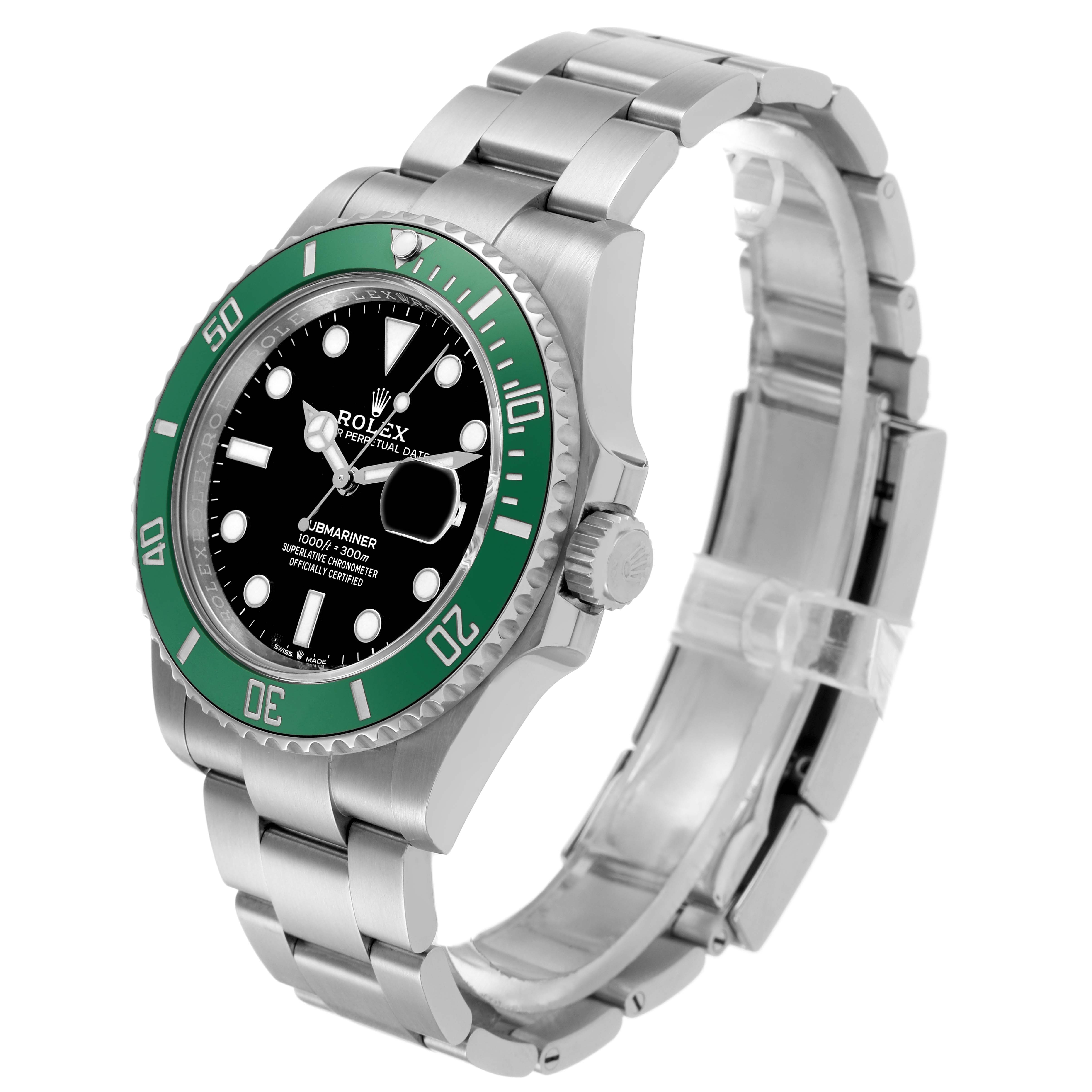The Rolex Submariner 126610LV Men's Stainless Steel Black Dial watch is shown at a slight angle, displaying the face, bezel, crown, and part of the bracelet.