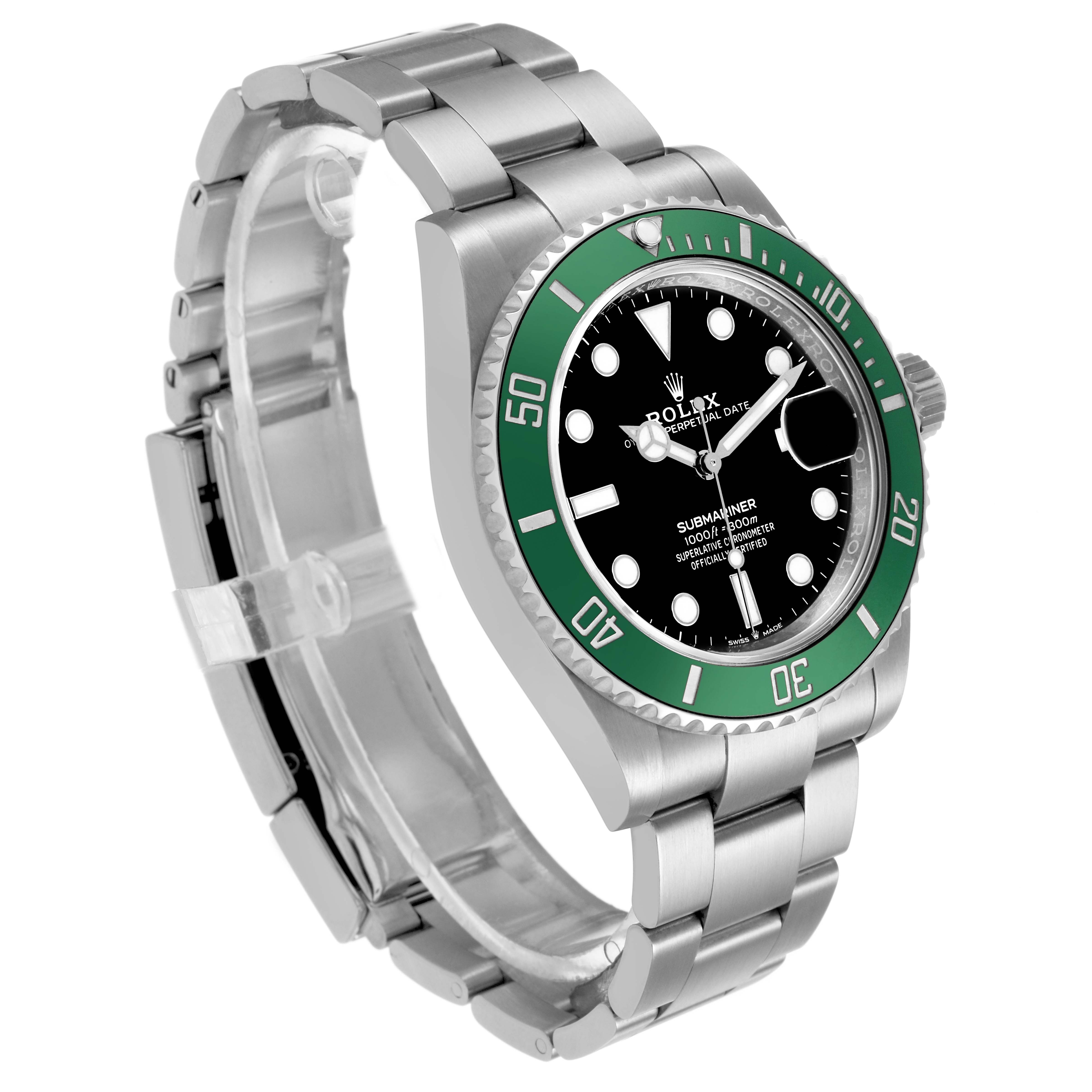 The image shows a side angle of a Rolex Submariner 126610LV Men's Stainless Steel Black Dial, highlighting the bracelet, bezel, and dial.