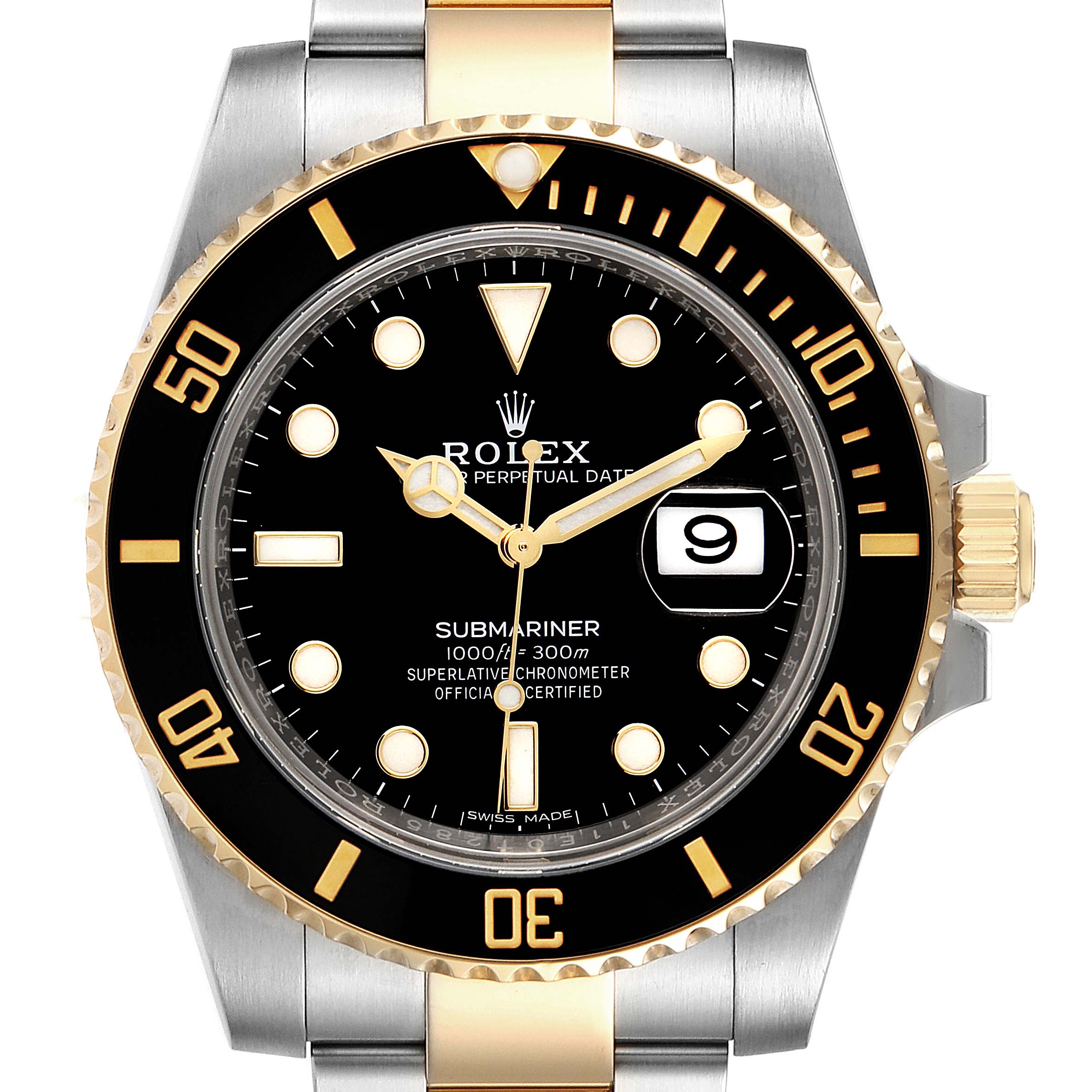 This image shows a front view of a Rolex Submariner 116613 Men
s Steel and Gold (two tone) Black Dial 116613 Men
s Steel and Gold (two tone) Black Dial watch, highlighting the dial, hands, bezel, and part of the bracelet.