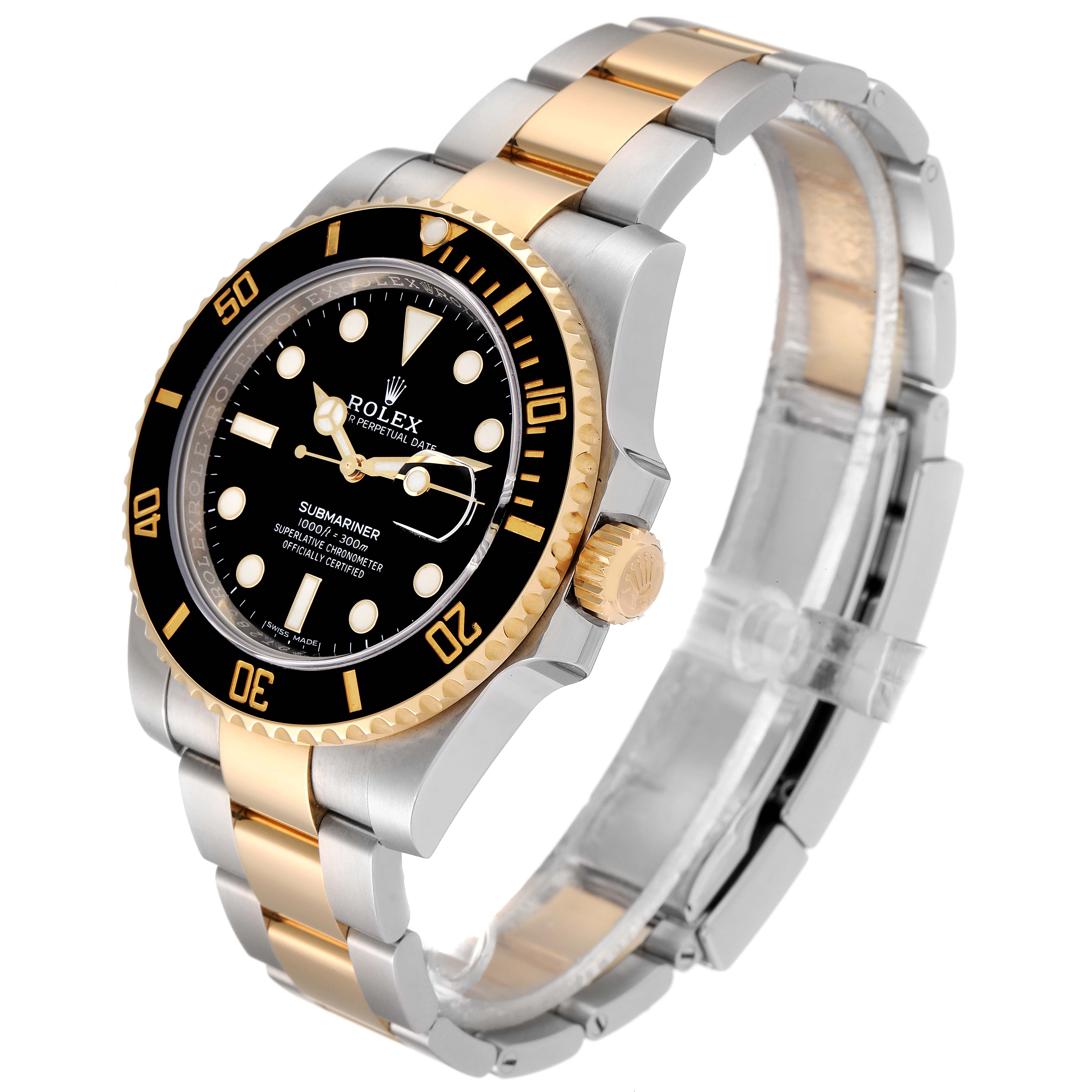 This image shows a side and front angle view of a Rolex Submariner 116613 Men
s Steel and Gold (two tone) Black Dial 116613 Men
s Steel and Gold (two tone) Black Dial watch, featuring a two-tone stainless steel and gold bracelet.