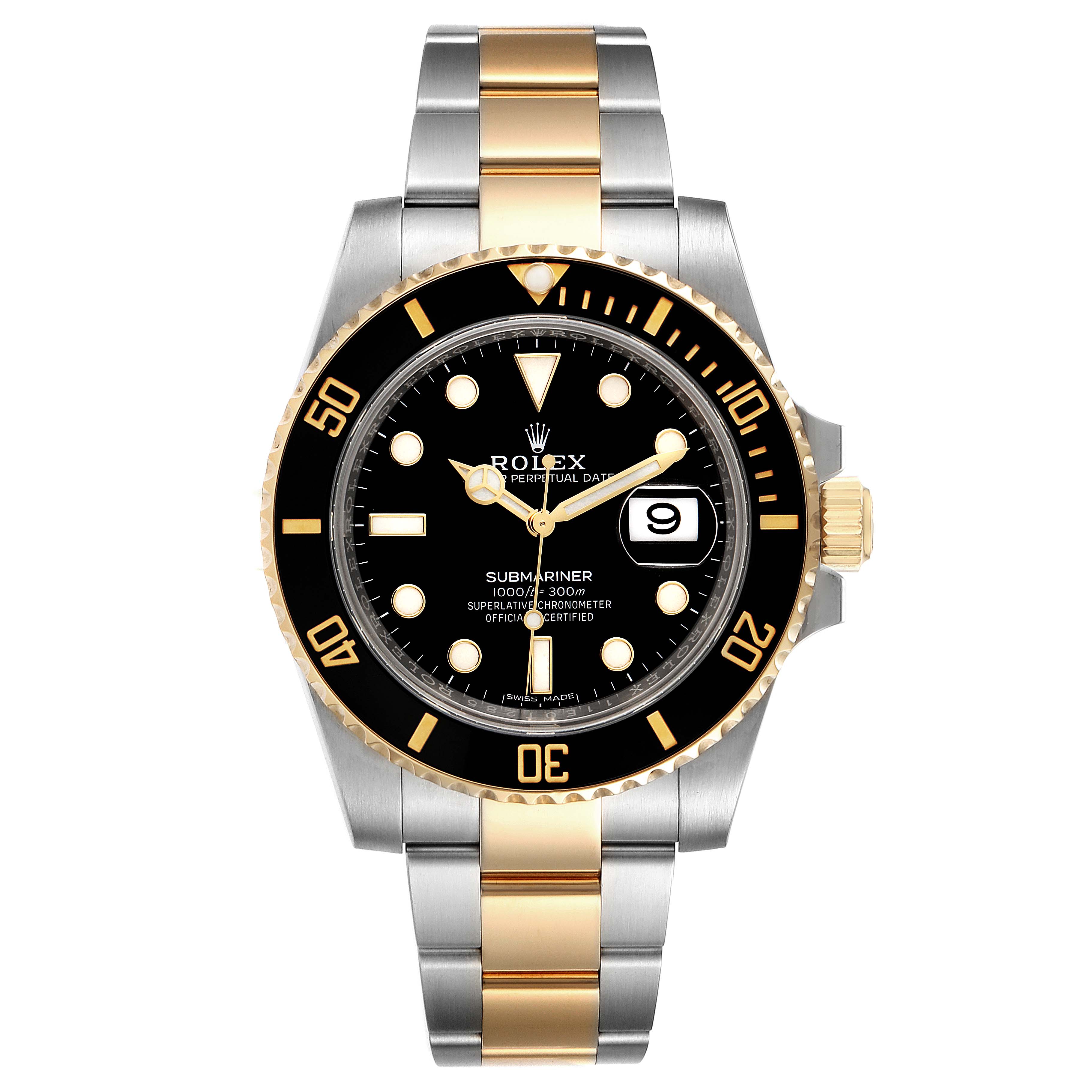 This Rolex Submariner 116613 Men
s Steel and Gold (two tone) Black Dial 116613 Men
s Steel and Gold (two tone) Black Dial watch is shown from a frontal angle, featuring a black dial, black bezel, and a two-tone bracelet.
