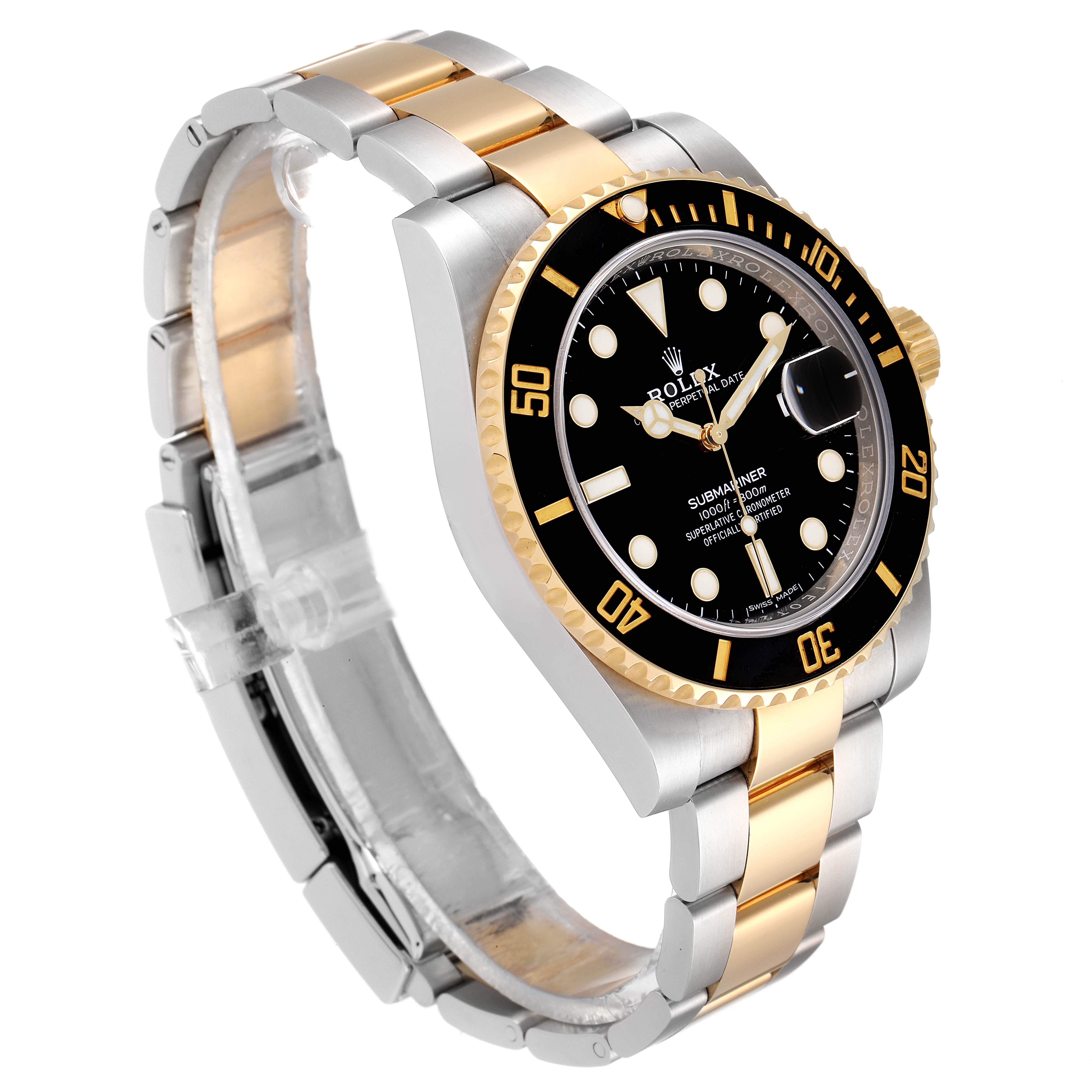 The image shows a Rolex Submariner 116613 Men
s Steel and Gold (two tone) Black Dial 116613 Men
s Steel and Gold (two tone) Black Dial watch at a left-side angle, highlighting its black dial, gold bezel, and metal bracelet with gold links.