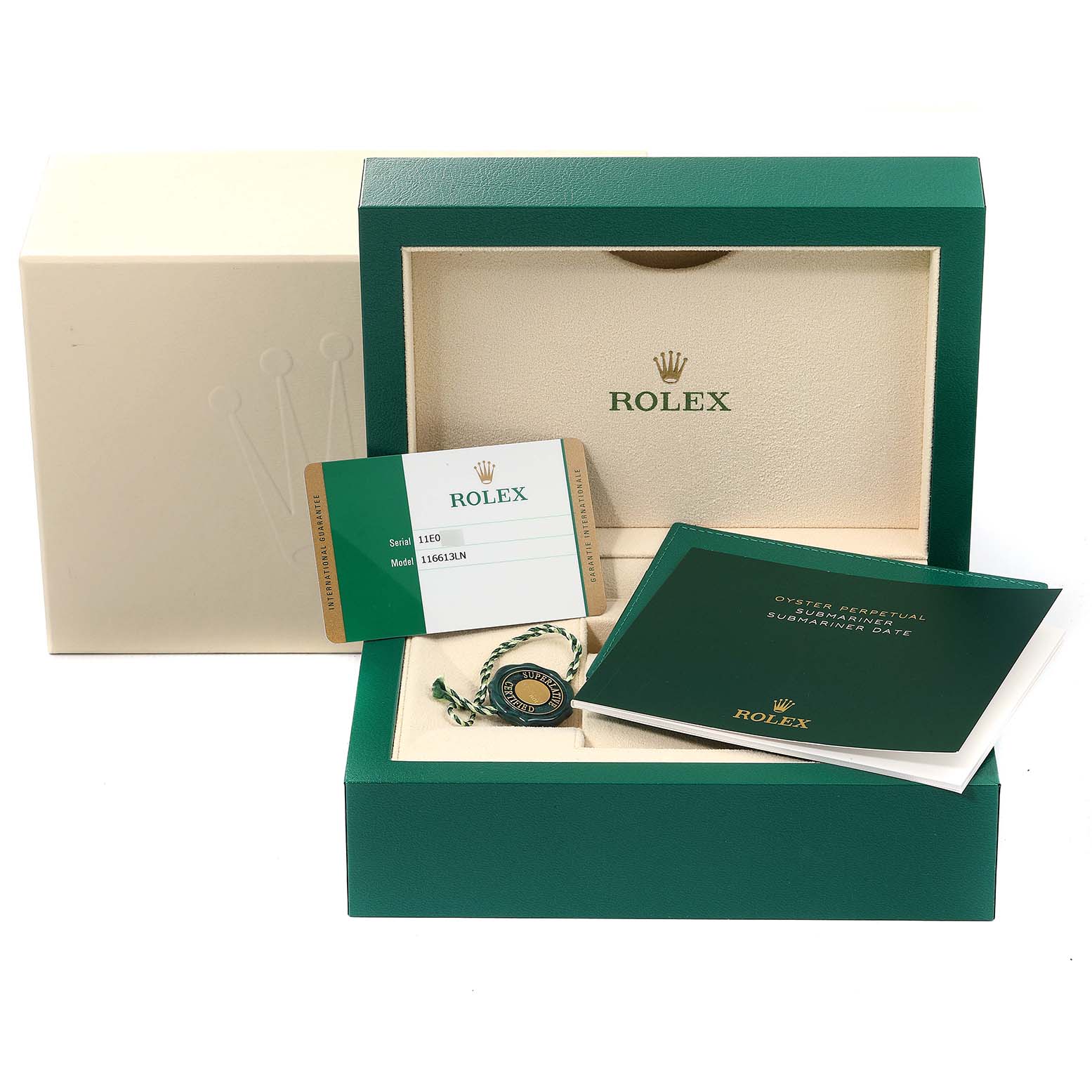 The image shows the packaging, warranty card, and manual for a Rolex Submariner 116613 Men
s Steel and Gold (two tone) Black Dial 116613 Men
s Steel and Gold (two tone) Black Dial watch.