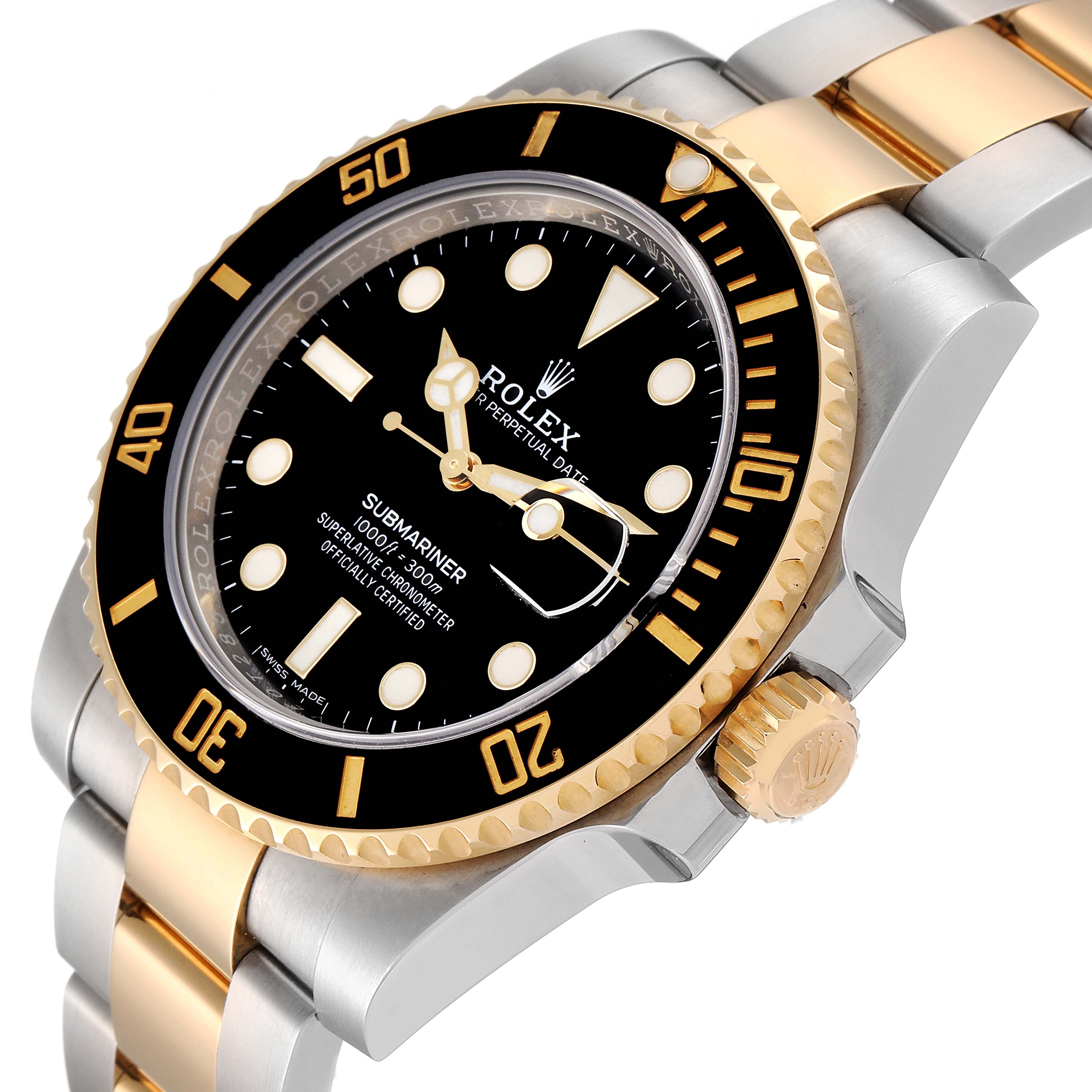 The image shows a side view of the Rolex Submariner 116613 Men
s Steel and Gold (two tone) Black Dial 116613 Men
s Steel and Gold (two tone) Black Dial watch, highlighting its bezel, dial, crown, and part of the bracelet.
