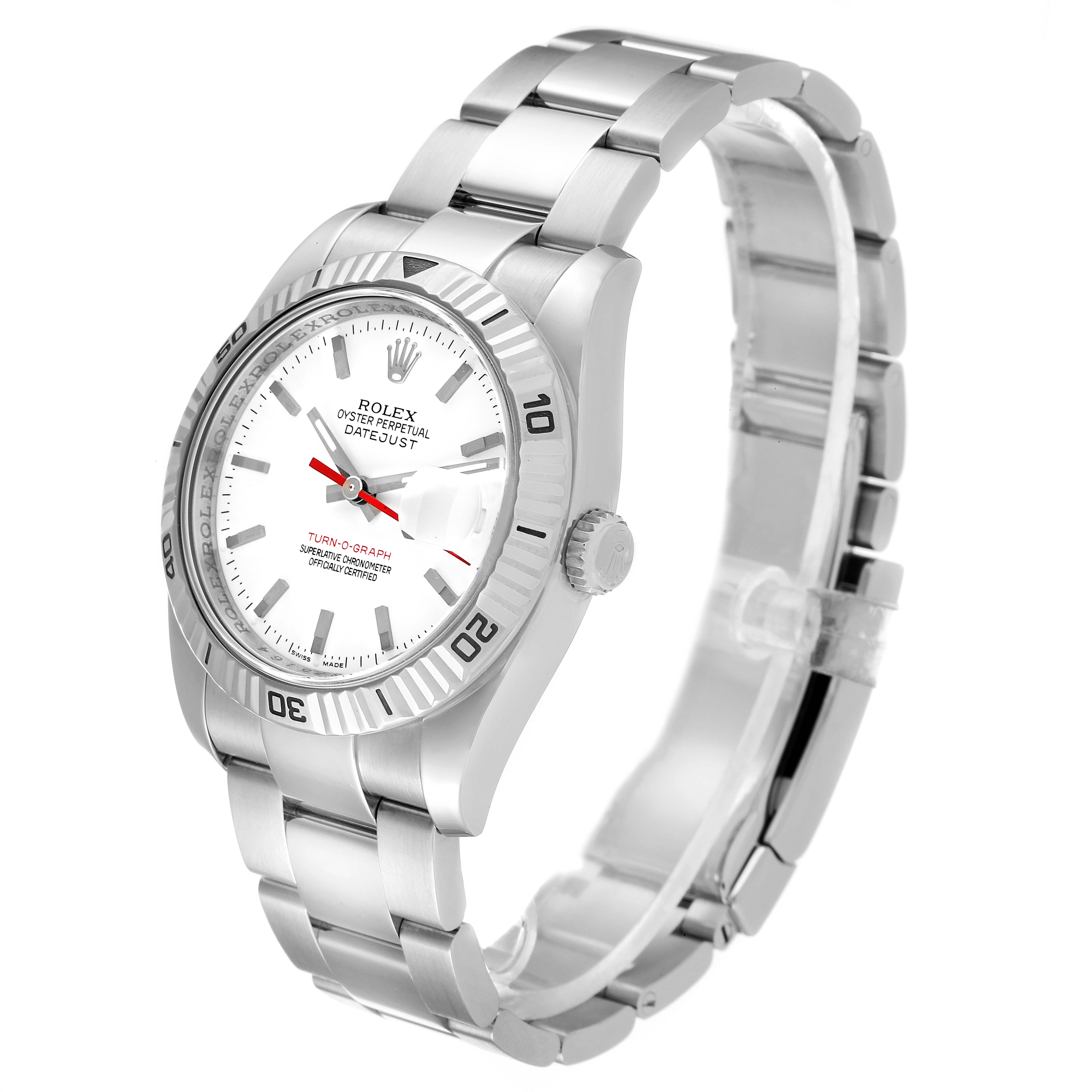 The Rolex Turn-o-Graph 116264 Men's Stainless Steel White Dial 116264 Men's Stainless Steel White Dial watch is shown at an angled frontal view, highlighting its face, bezel, crown, and bracelet.
