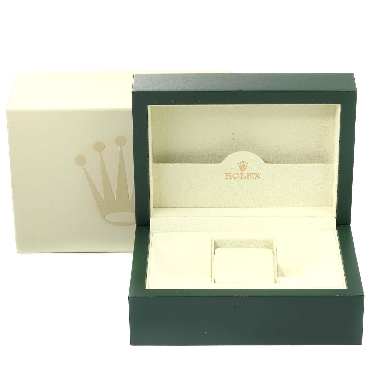 The image shows an open Rolex Turn-o-Graph 116264 Men's Stainless Steel White Dial 116264 Men's Stainless Steel White Dial watch box and outer packaging from a front angle.